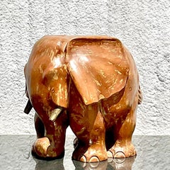 Vintage Boho Cerused Carved Wood Elephant Stool