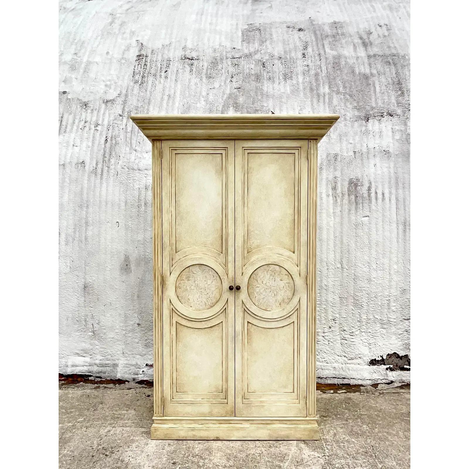 Vintage Boho Cerused Floral Armoire In Good Condition In west palm beach, FL