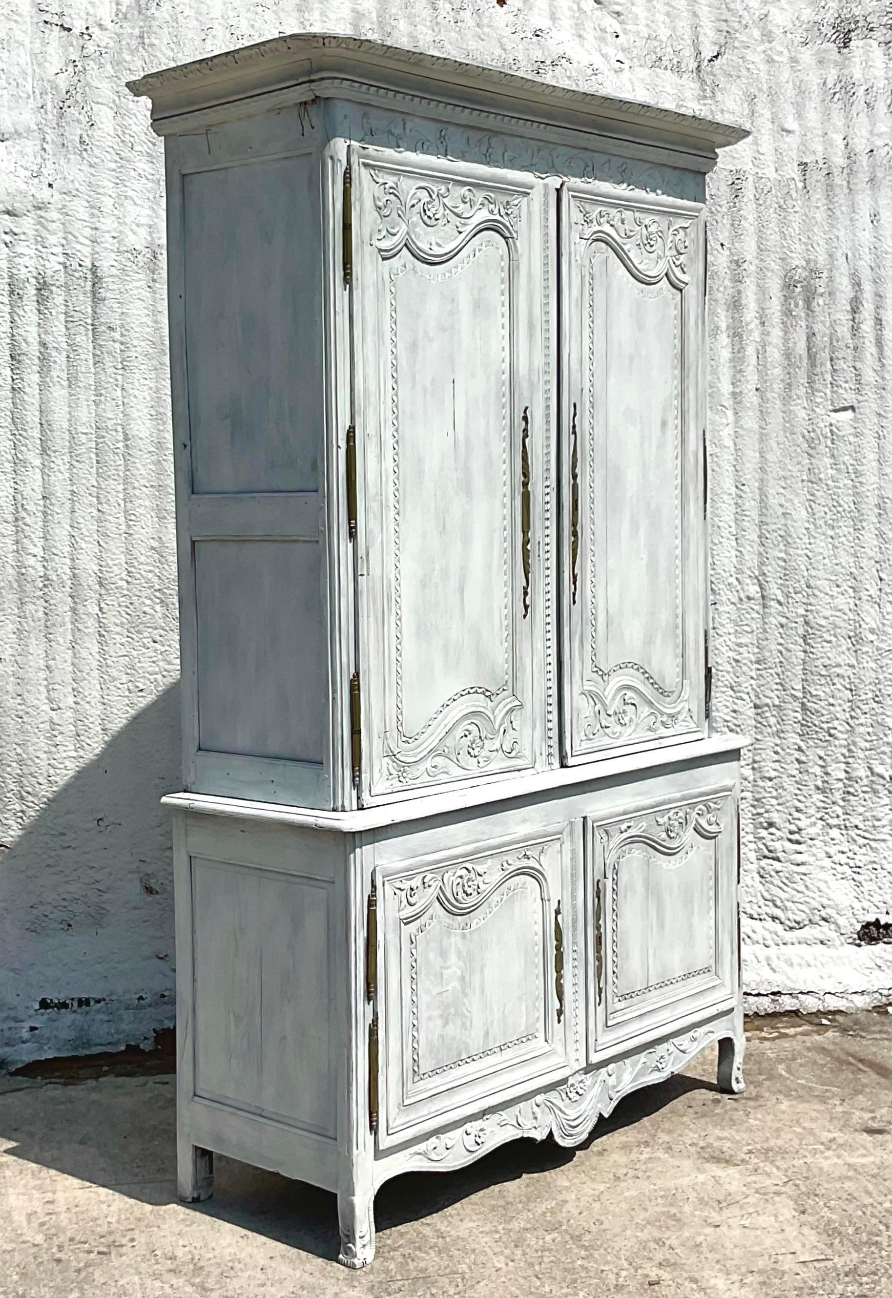 Wood Vintage Boho Cerused French Cabinet For Sale