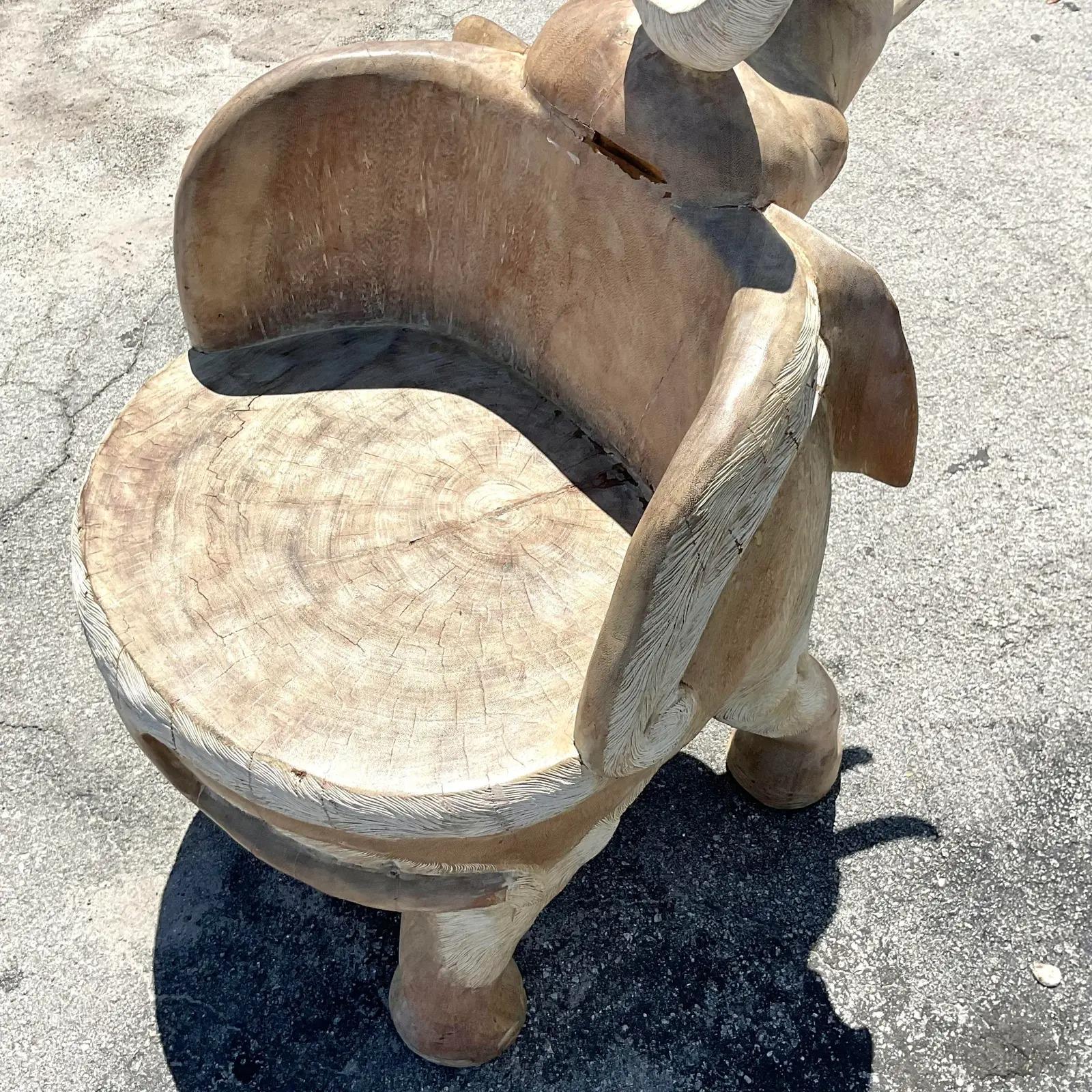 Vintage Boho Cerused Carved Elephant Chair For Sale 3