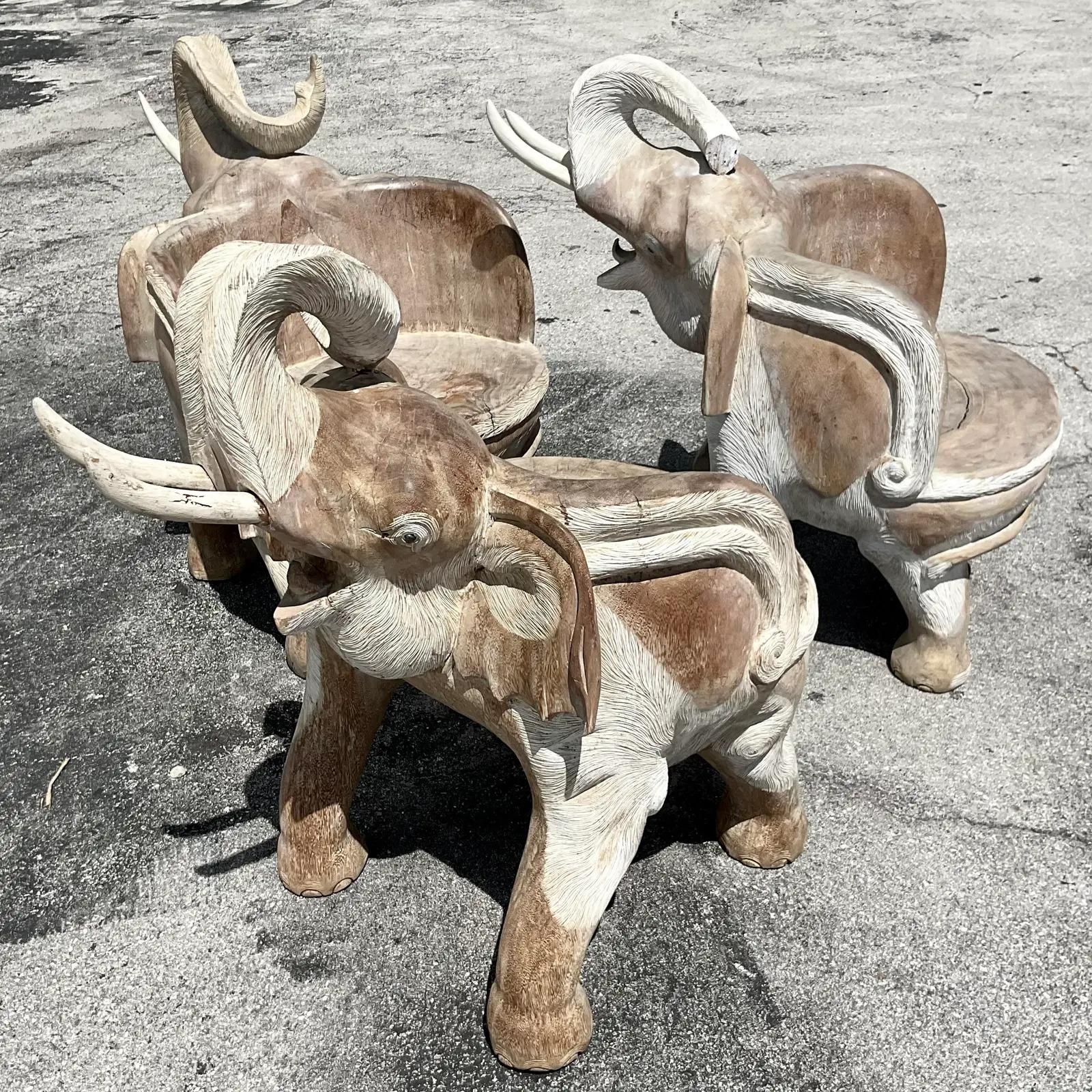 Vintage Boho Cerused Carved Elephant Chair For Sale 4