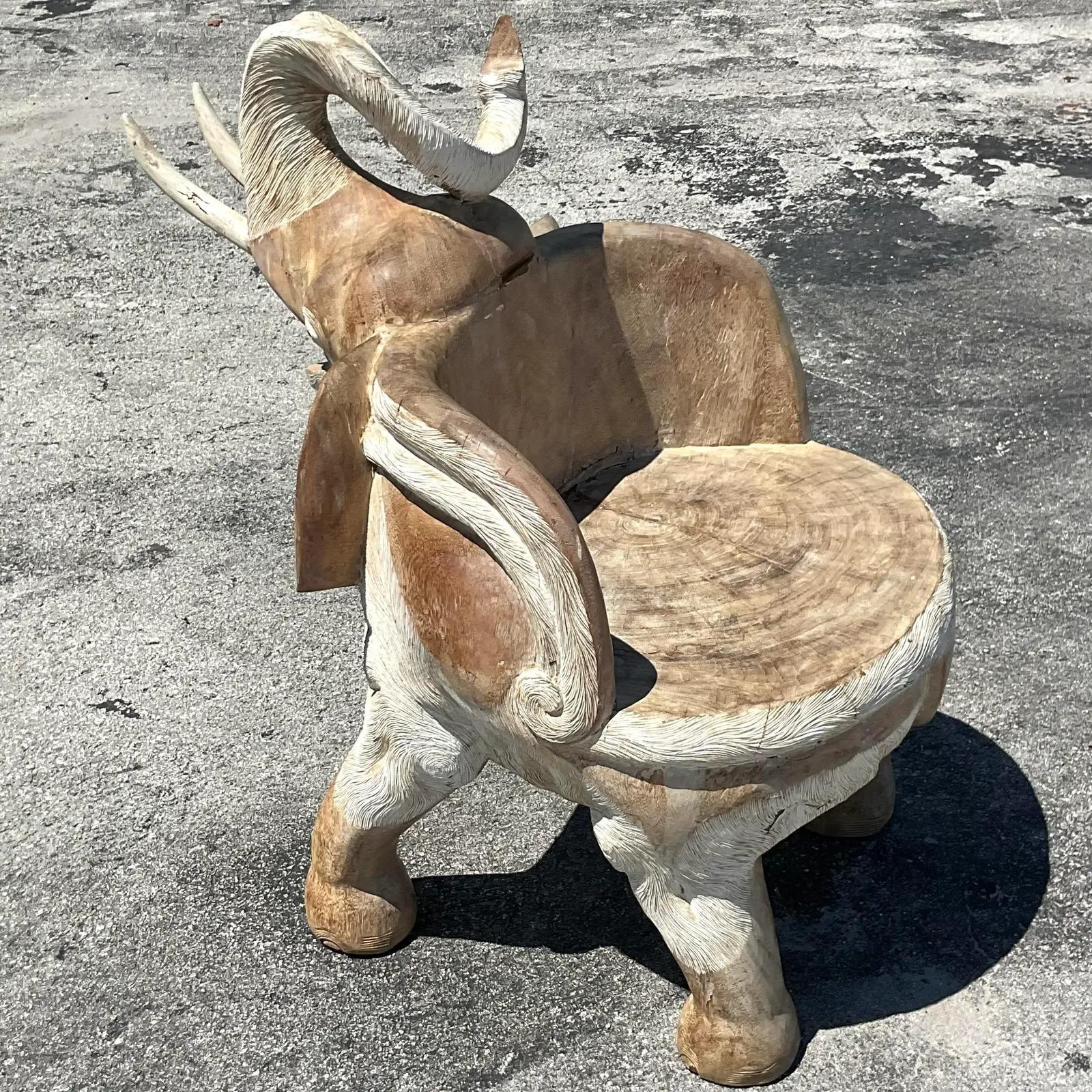 North American Vintage Boho Cerused Carved Elephant Chair For Sale
