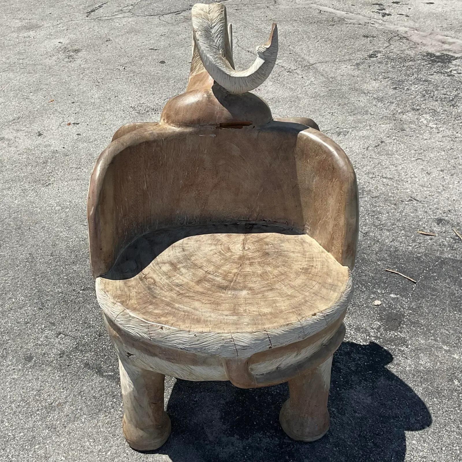 Vintage Boho Cerused Carved Elephant Chair In Good Condition For Sale In west palm beach, FL