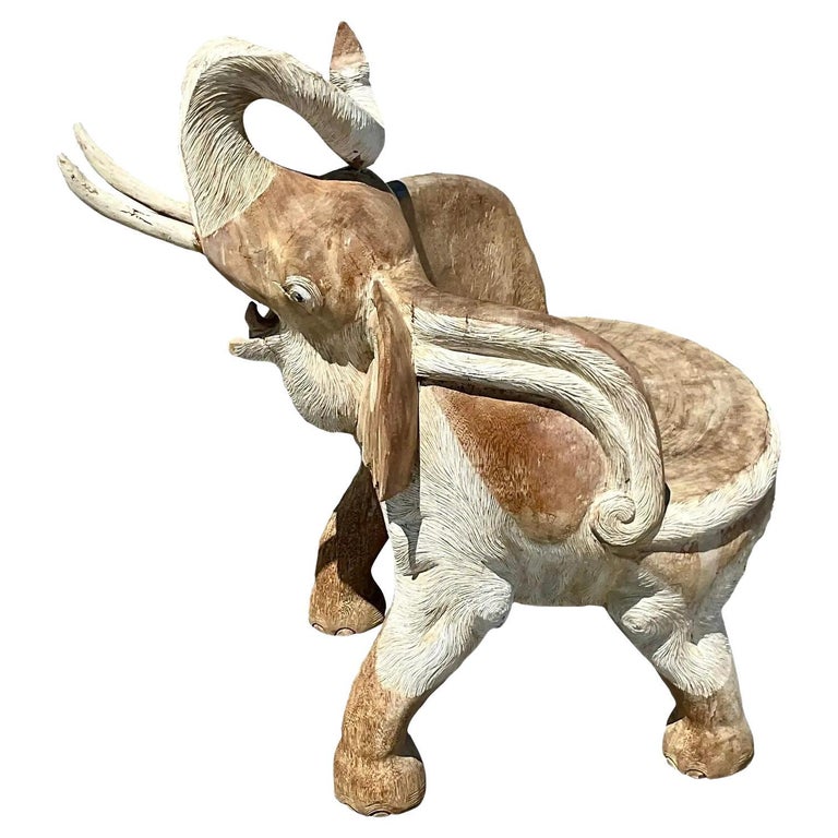 Vintage Boho Cerused Hand Carved Elephant Chair For Sale at 1stDibs