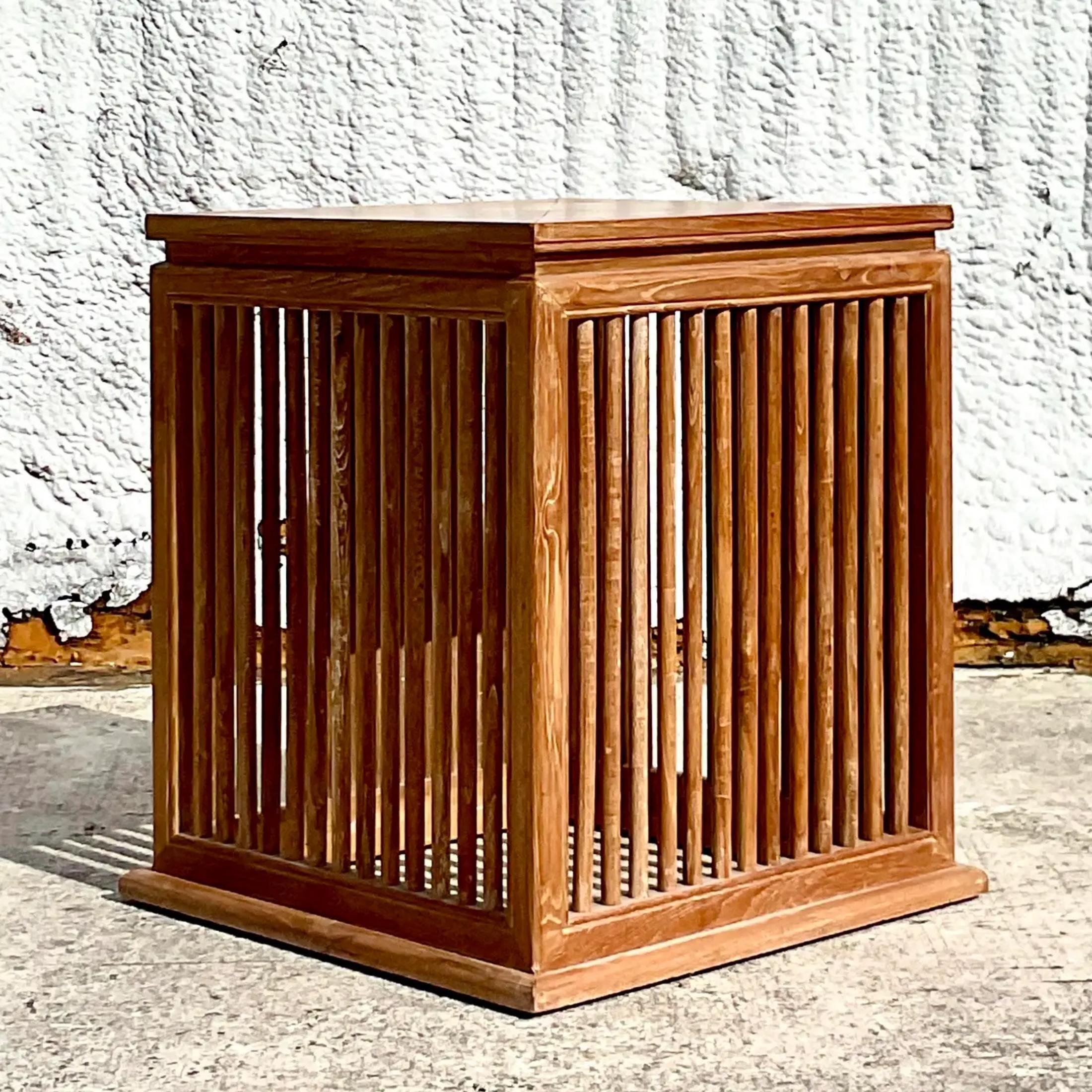 Vintage Boho Cerused Teak Square Side Table In Good Condition For Sale In west palm beach, FL