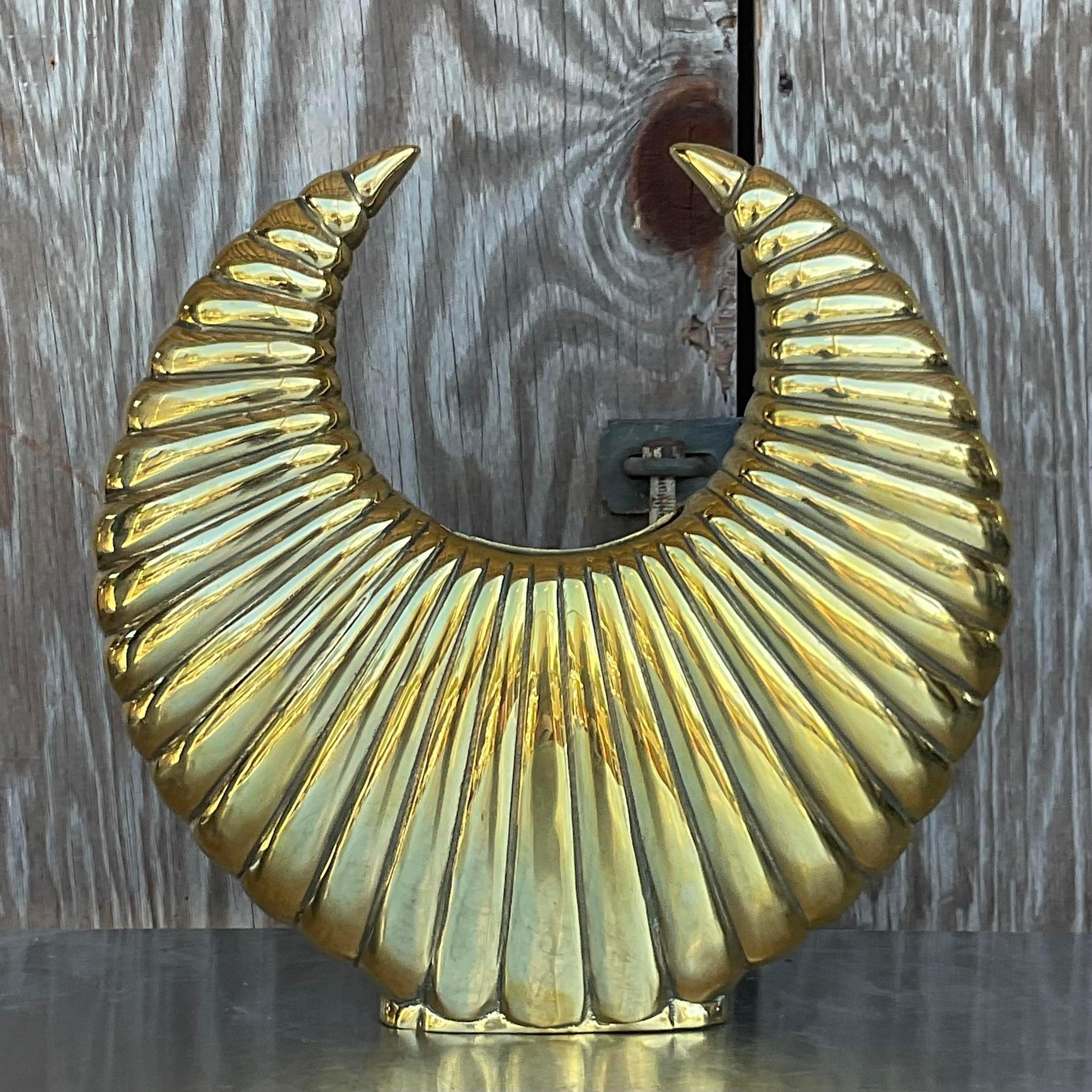 American Vintage Boho Channel Brass Horn Vase For Sale