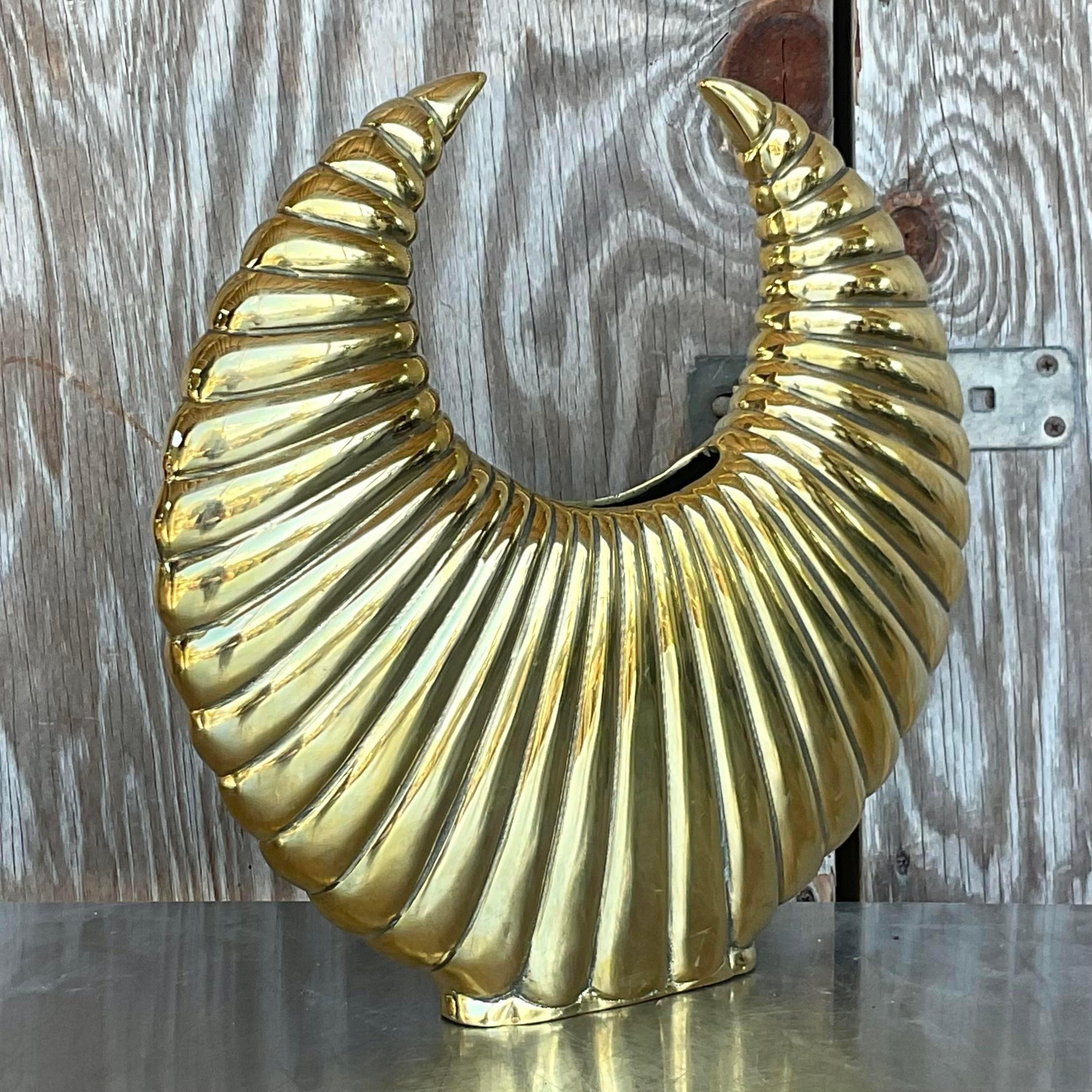 Vintage Boho Channel Brass Horn Vase In Good Condition For Sale In west palm beach, FL