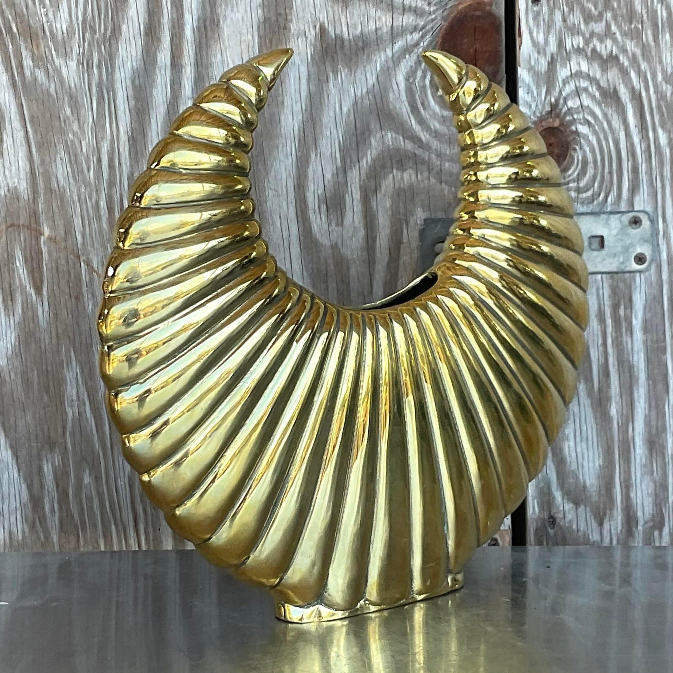 Vintage Boho Channel Brass Horn Vase For Sale 1