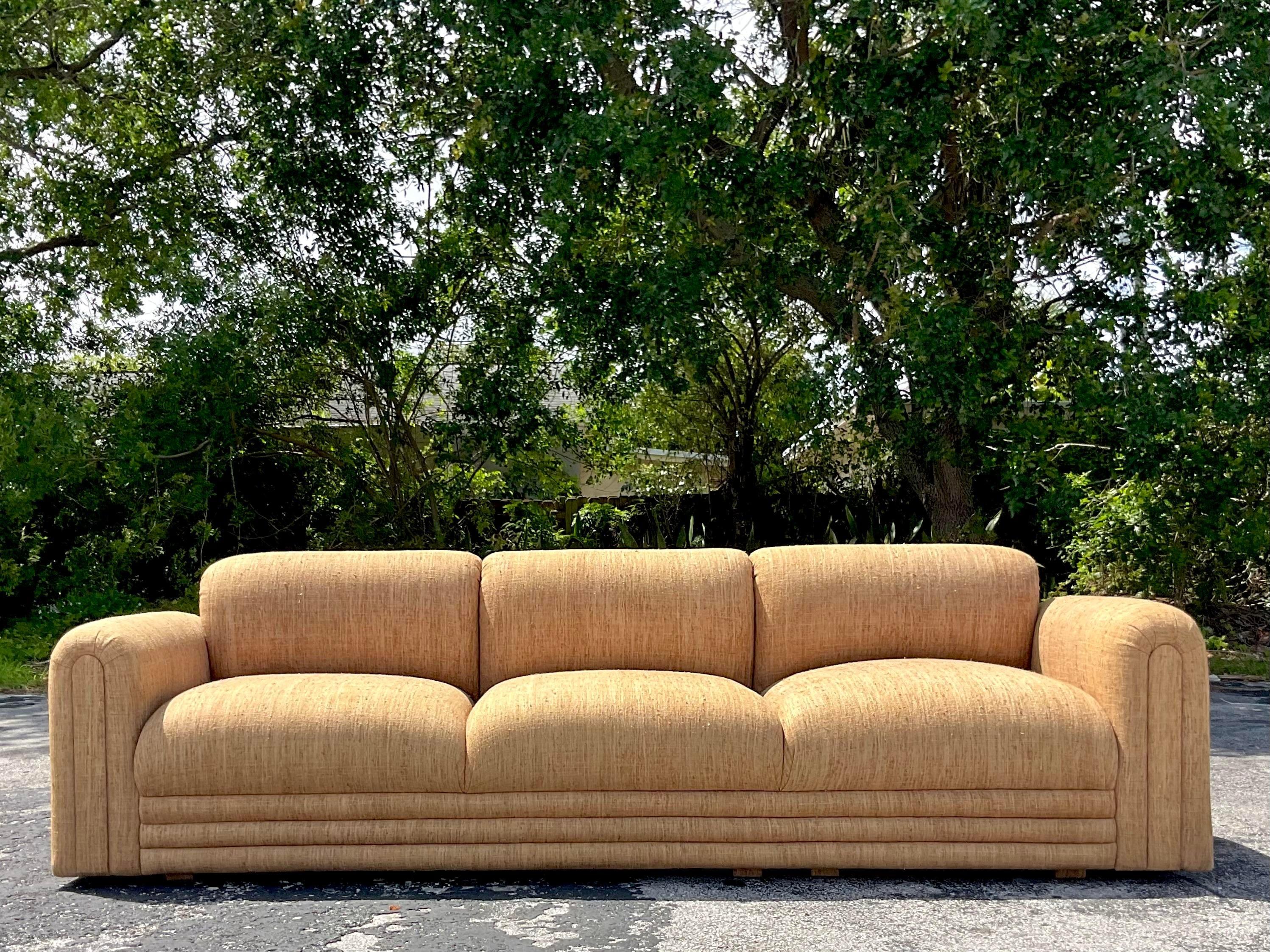 Vintage Boho Channel Tufted Sofa In Good Condition For Sale In west palm beach, FL