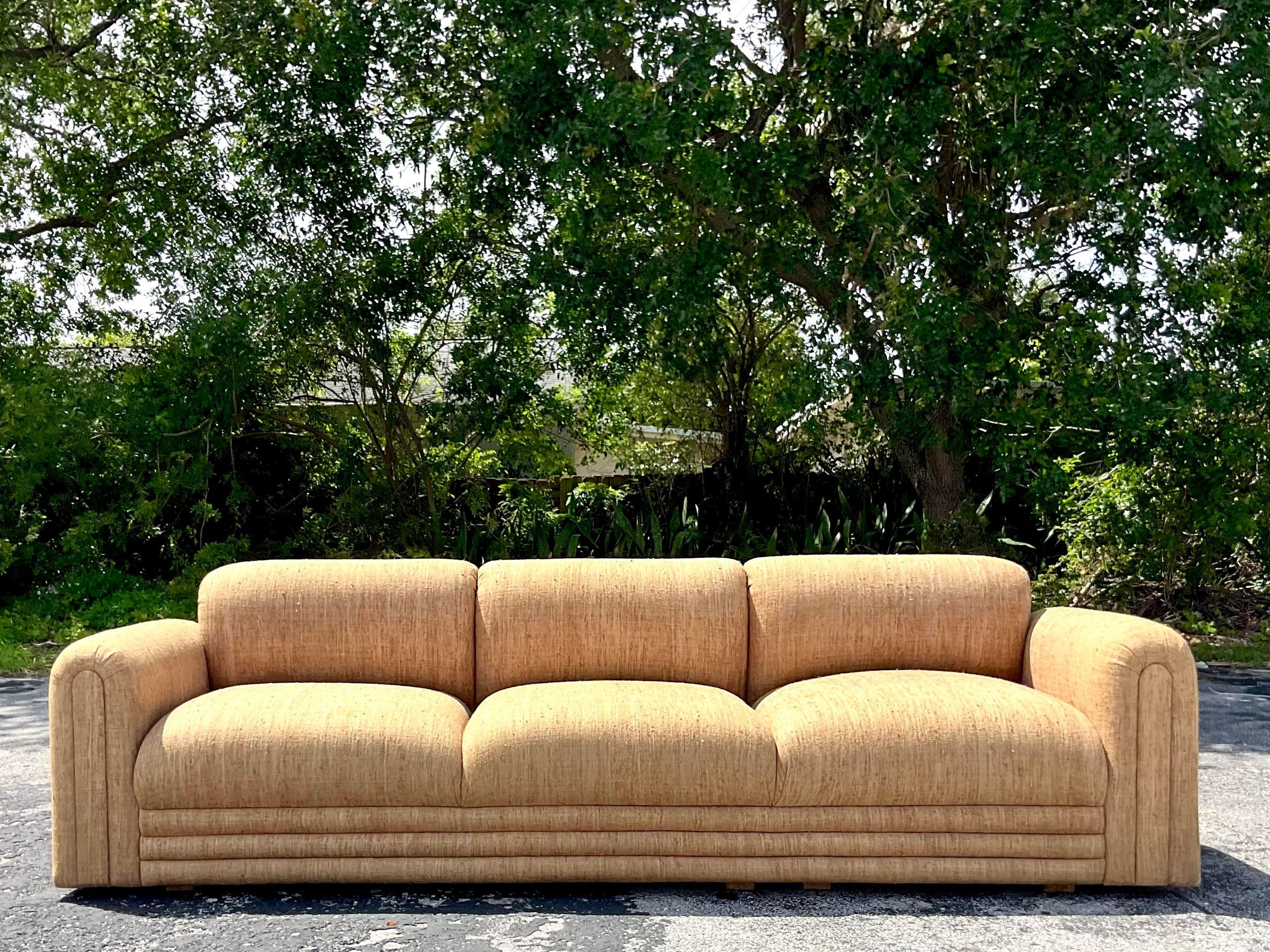 Upholstery Vintage Boho Channel Tufted Sofa For Sale