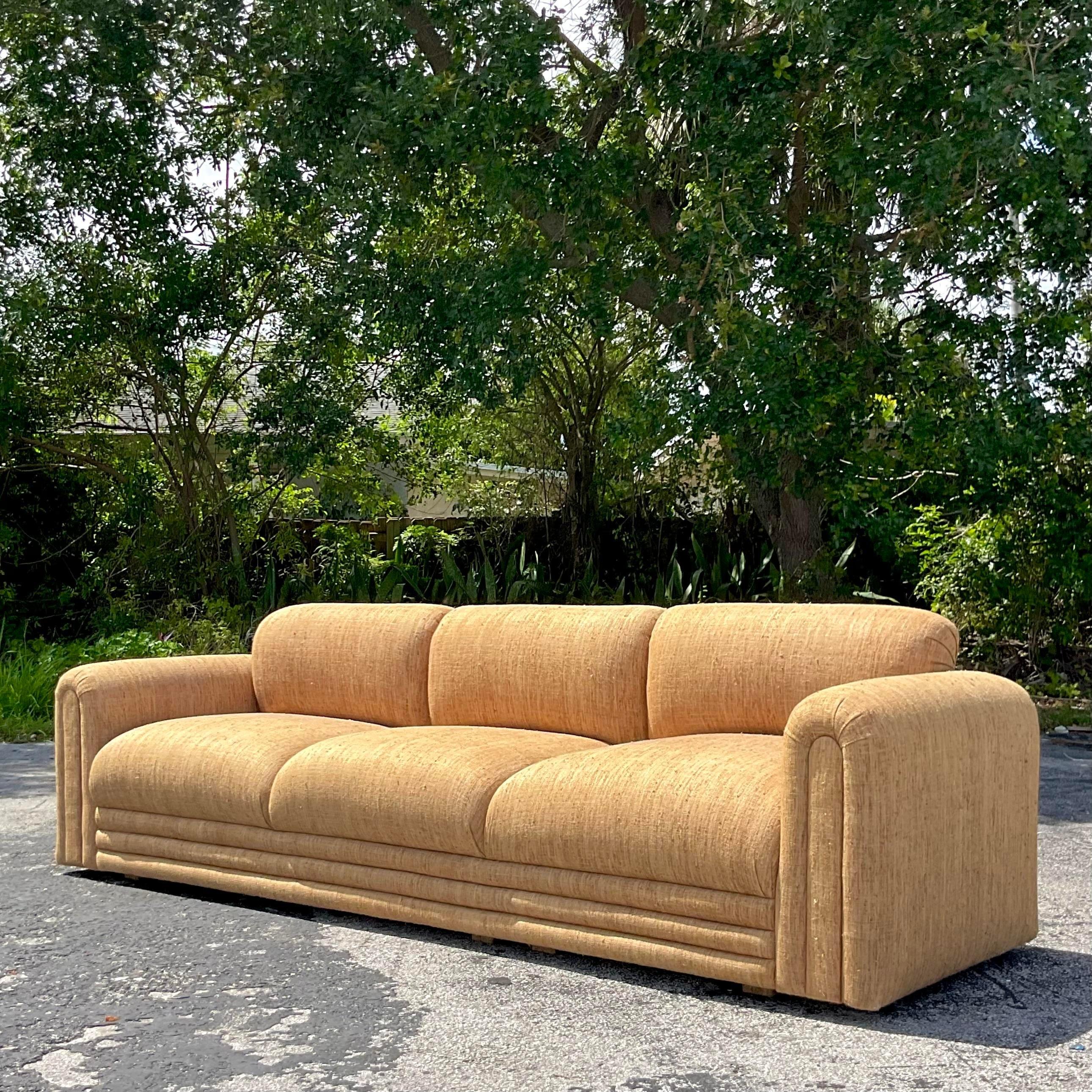 Upholstery Vintage Boho Channel Tufted Sofa For Sale