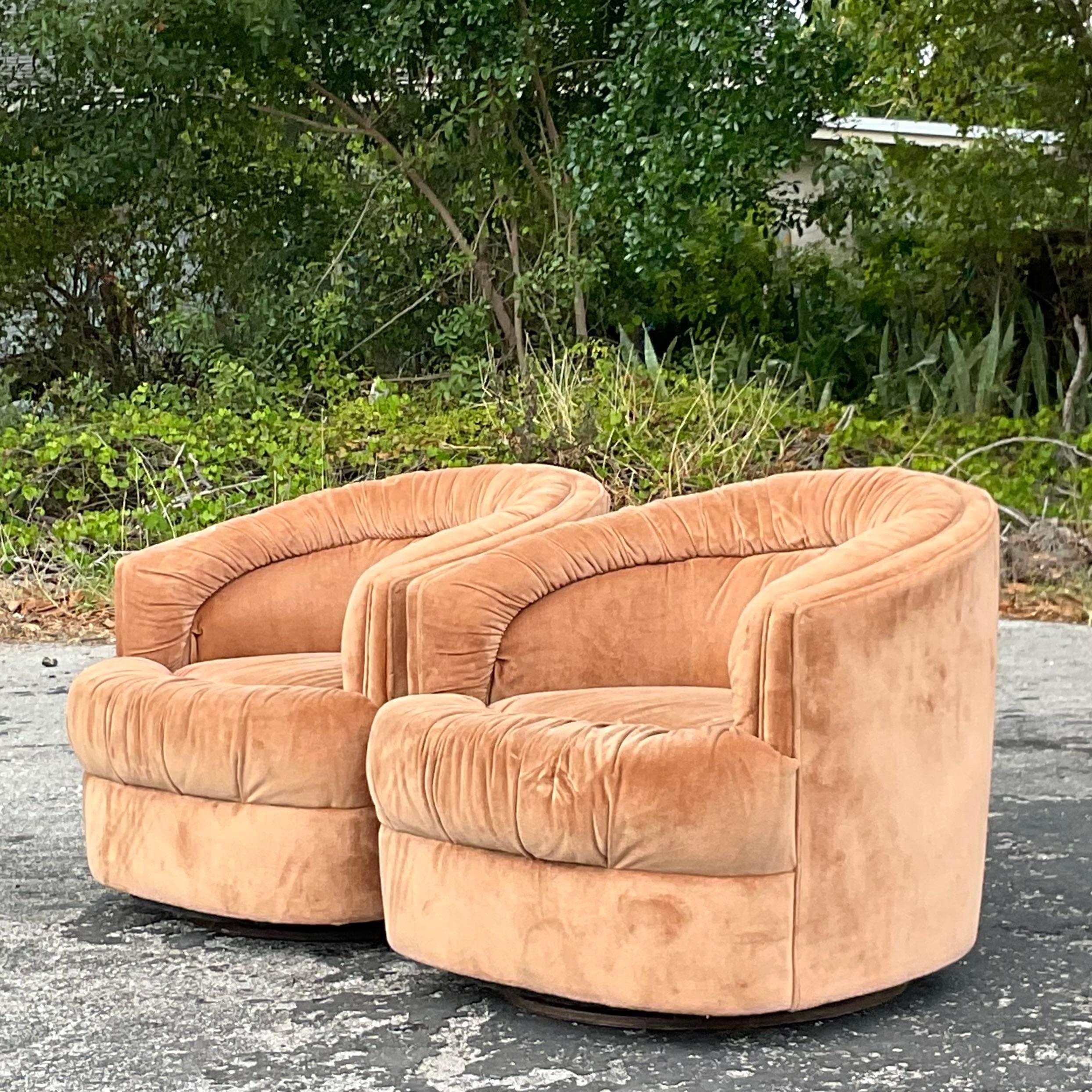 American Vintage Boho Channel Tufted Swivel Chairs After Thayer Coggin, a Pair