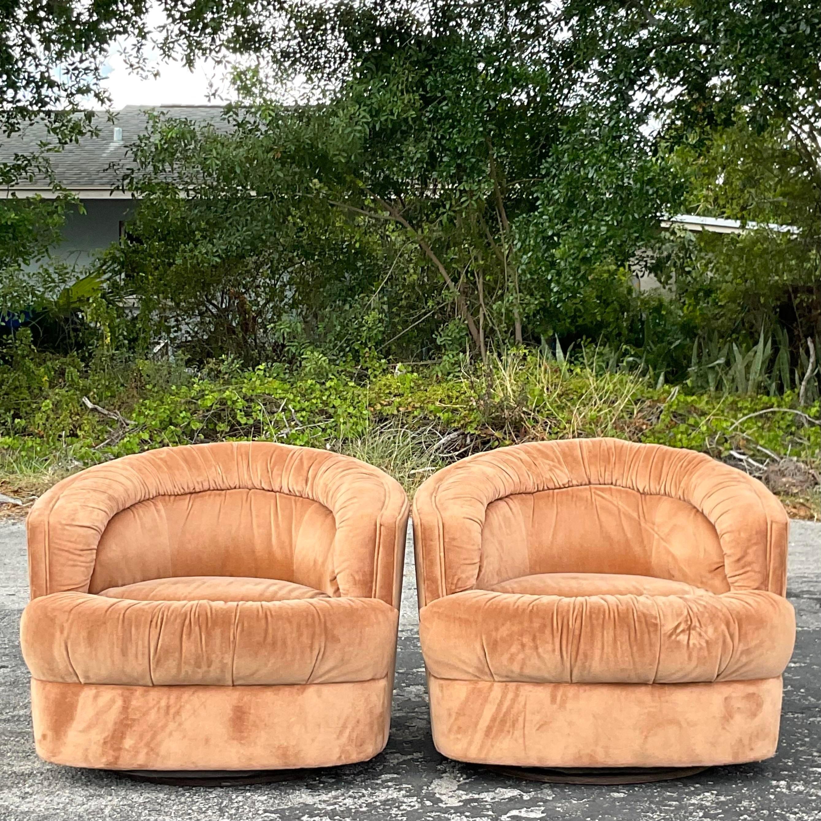 Vintage Boho Channel Tufted Swivel Chairs After Thayer Coggin, a Pair In Good Condition In west palm beach, FL