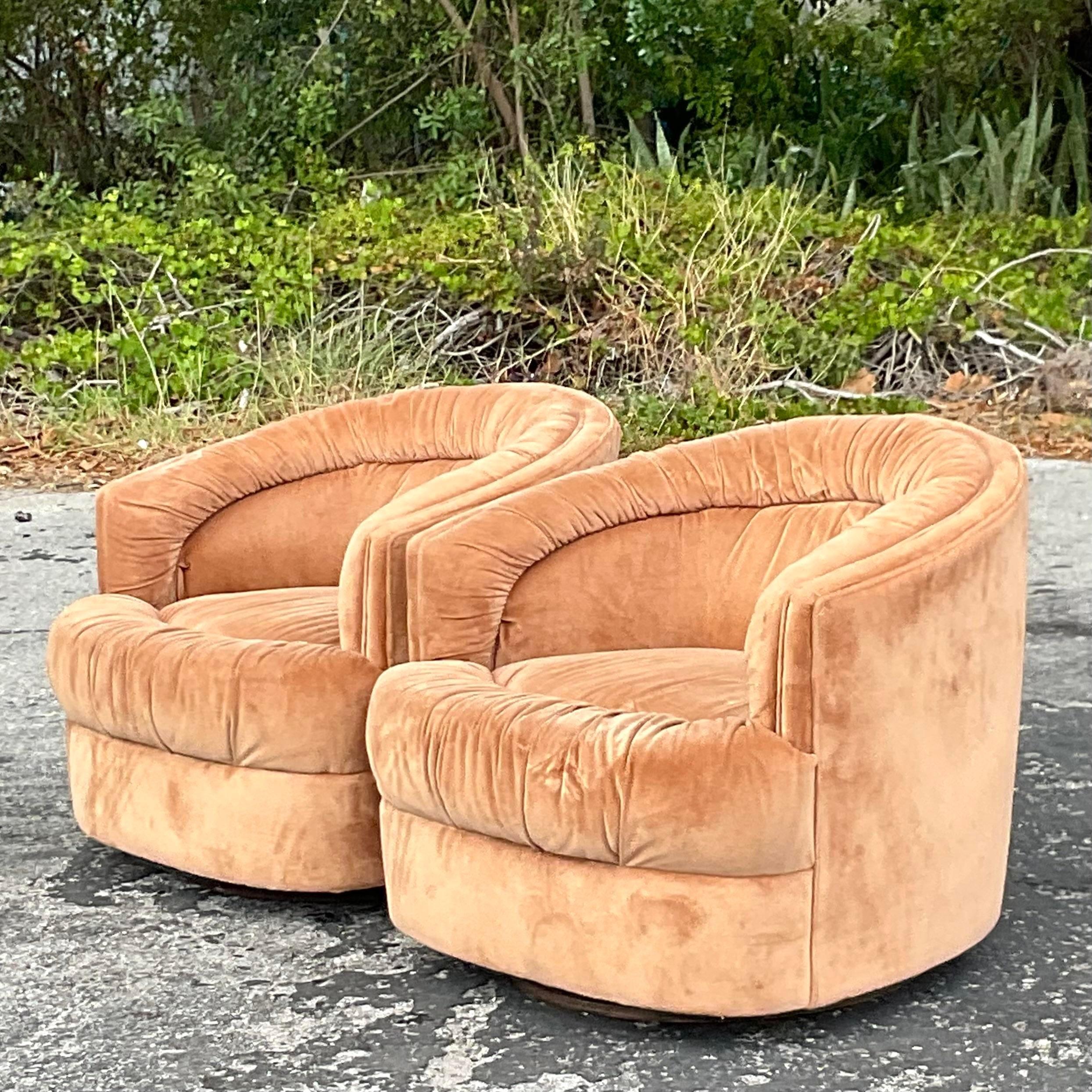 20th Century Vintage Boho Channel Tufted Swivel Chairs After Thayer Coggin, a Pair