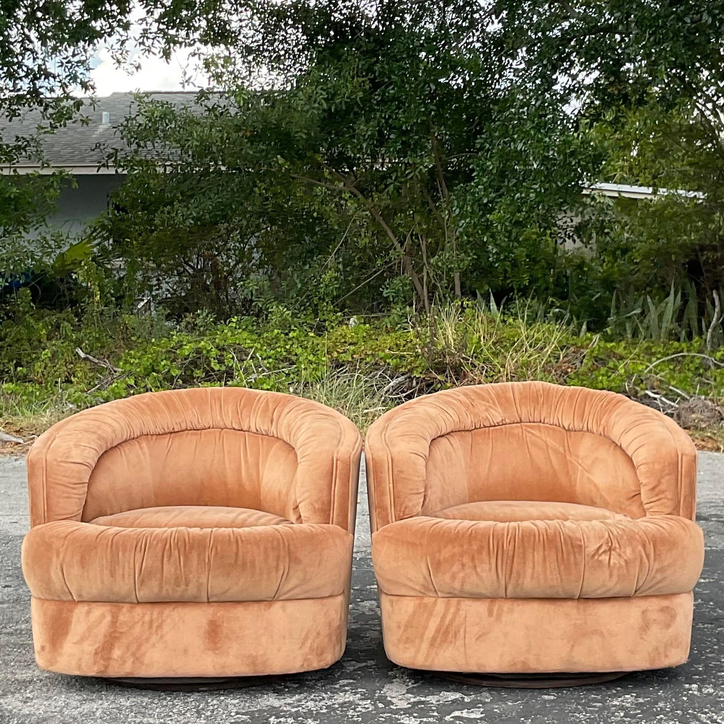 Velvet Vintage Boho Channel Tufted Swivel Chairs After Thayer Coggin, a Pair