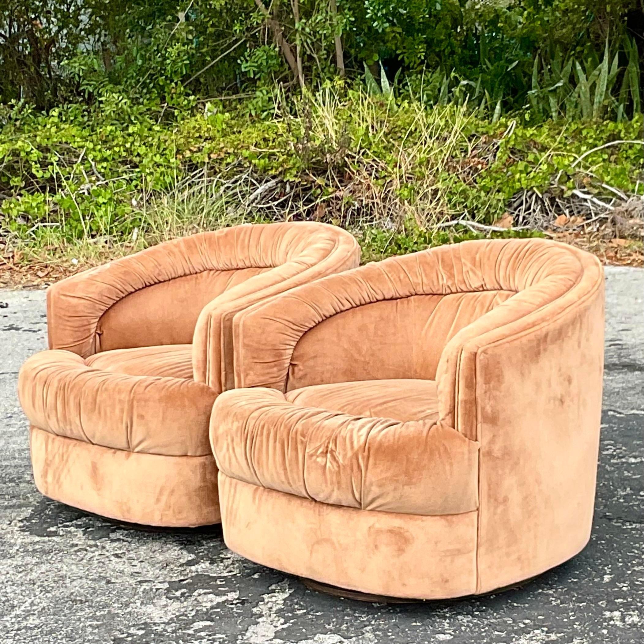 Vintage Boho Channel Tufted Swivel Chairs After Thayer Coggin, a Pair 1