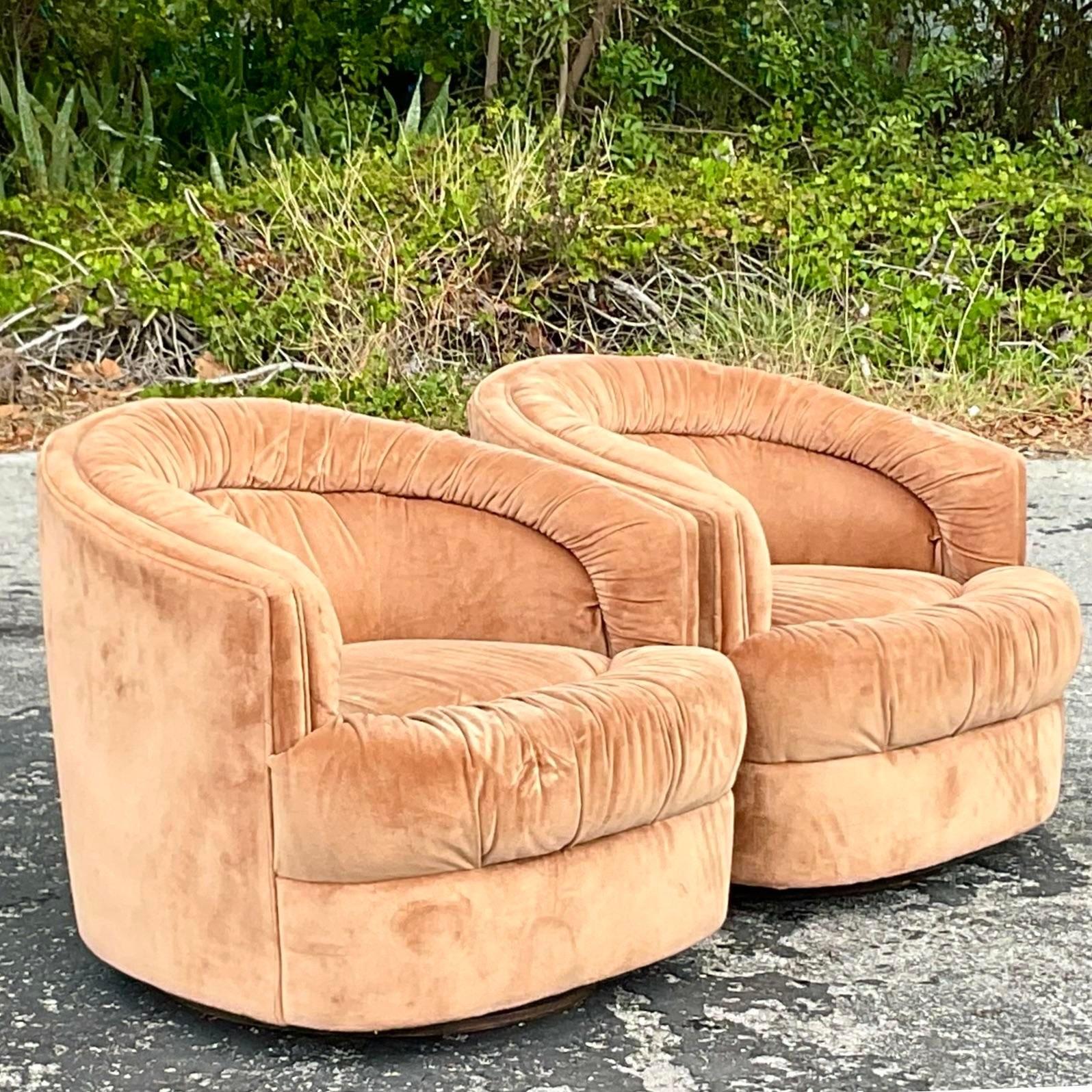 Vintage Boho Channel Tufted Swivel Chairs After Thayer Coggin, a Pair 2