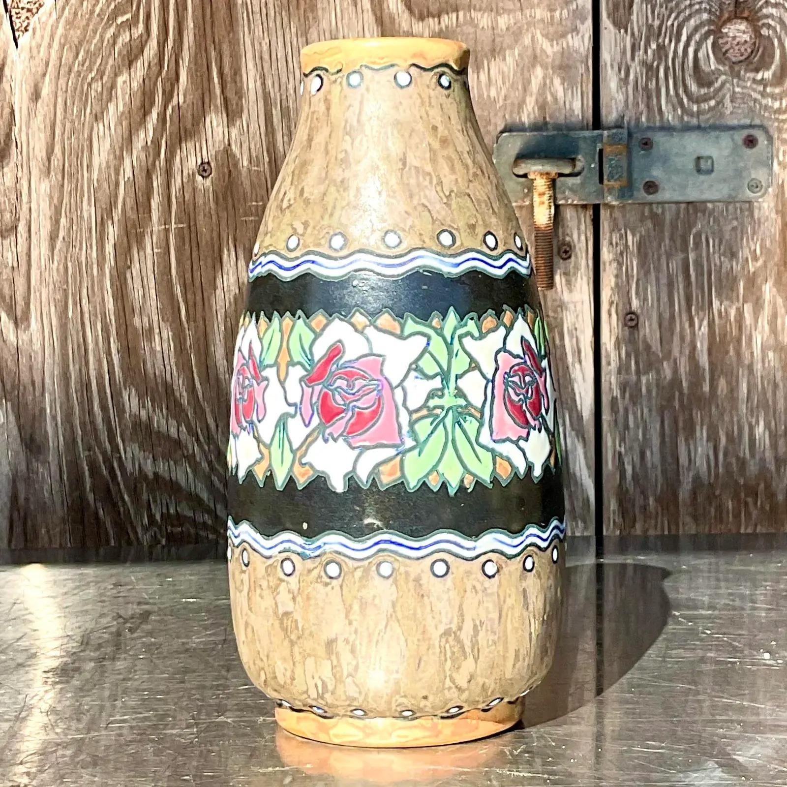 Belgian Vintage Boho Charles Catteau for Boch Freres Keramis Hand Painted Vase For Sale