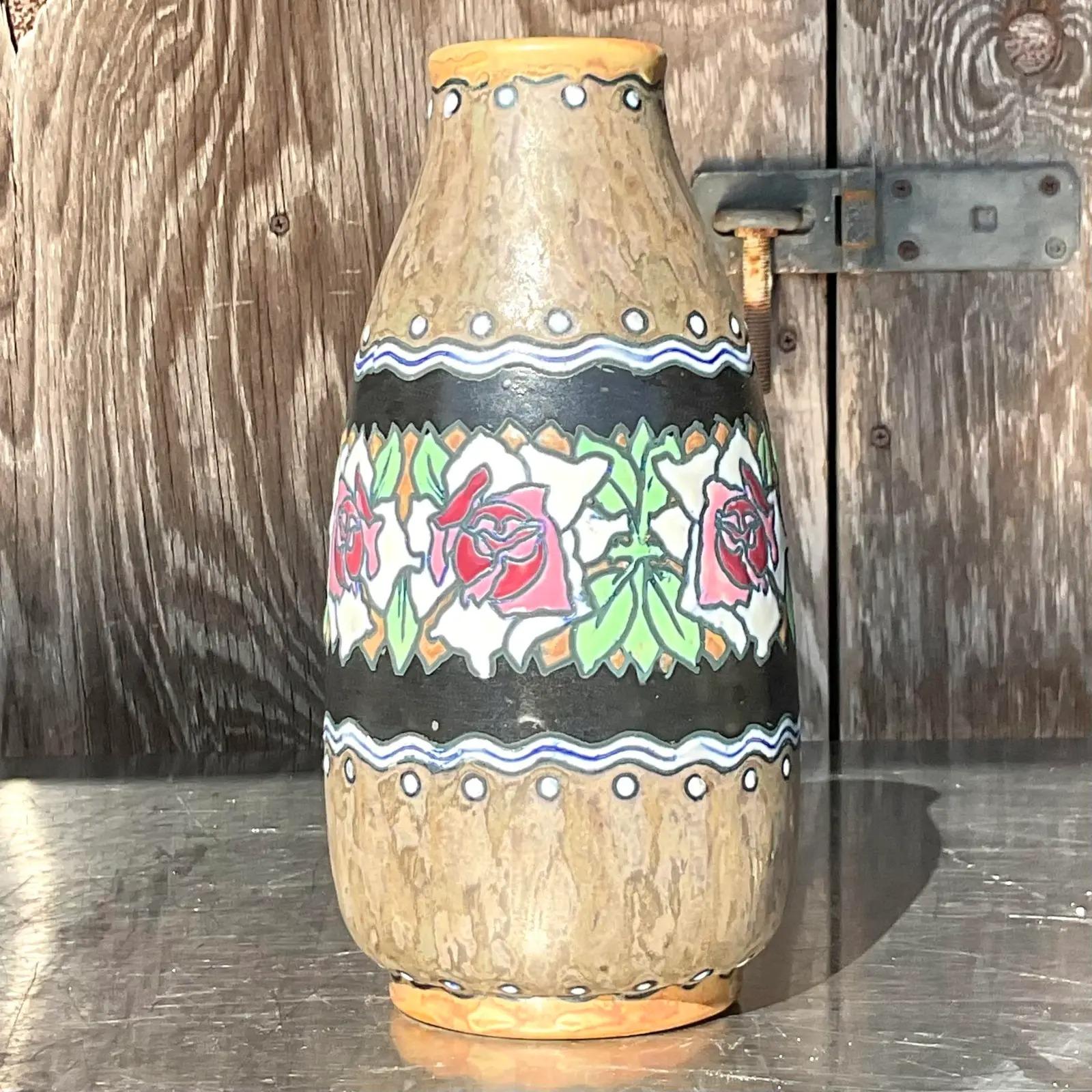 Vintage Boho Charles Catteau for Boch Freres Keramis Hand Painted Vase In Good Condition For Sale In west palm beach, FL
