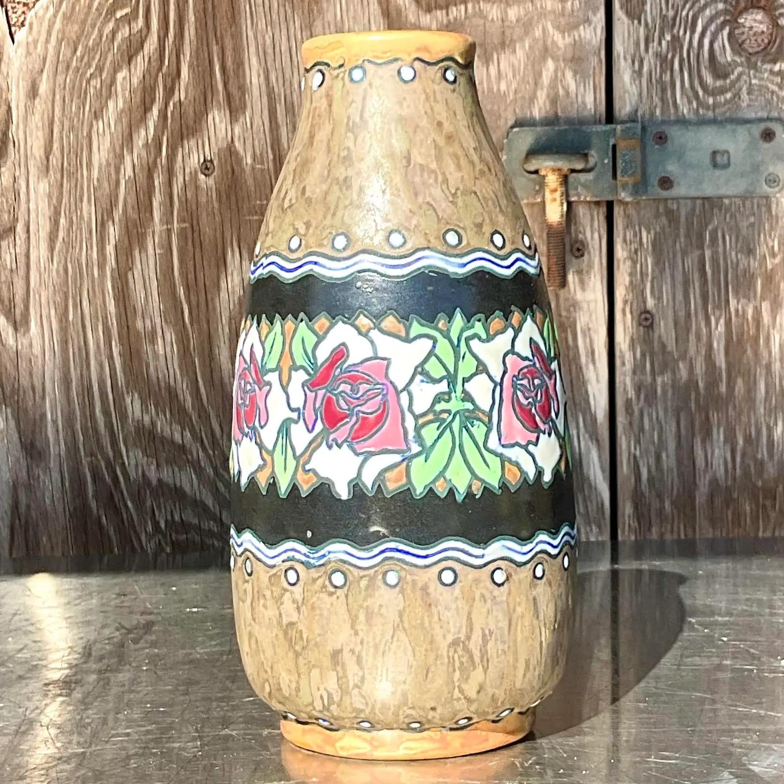 20th Century Vintage Boho Charles Catteau for Boch Freres Keramis Hand Painted Vase For Sale