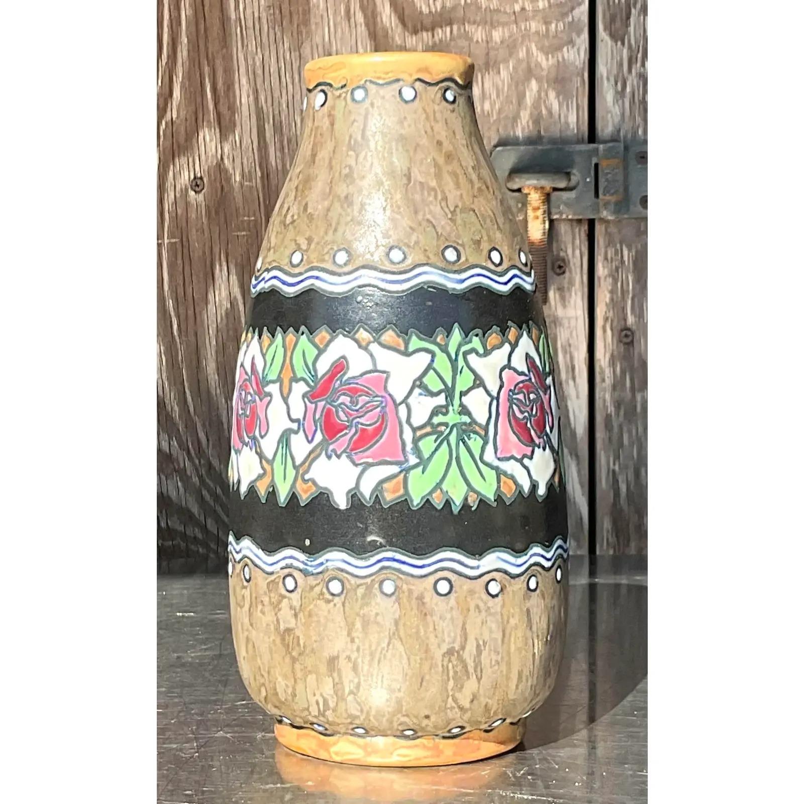 Vintage Boho Charles Catteau for Boch Freres Keramis Hand Painted Vase For Sale 1