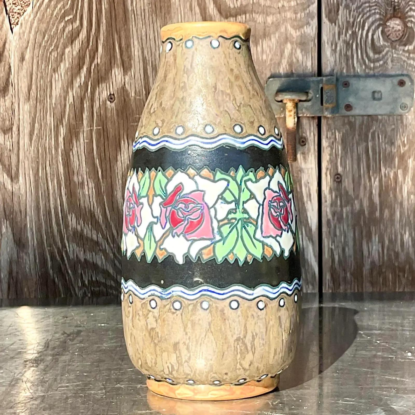 Vintage Boho Charles Catteau for Boch Freres Keramis Hand Painted Vase For Sale 2