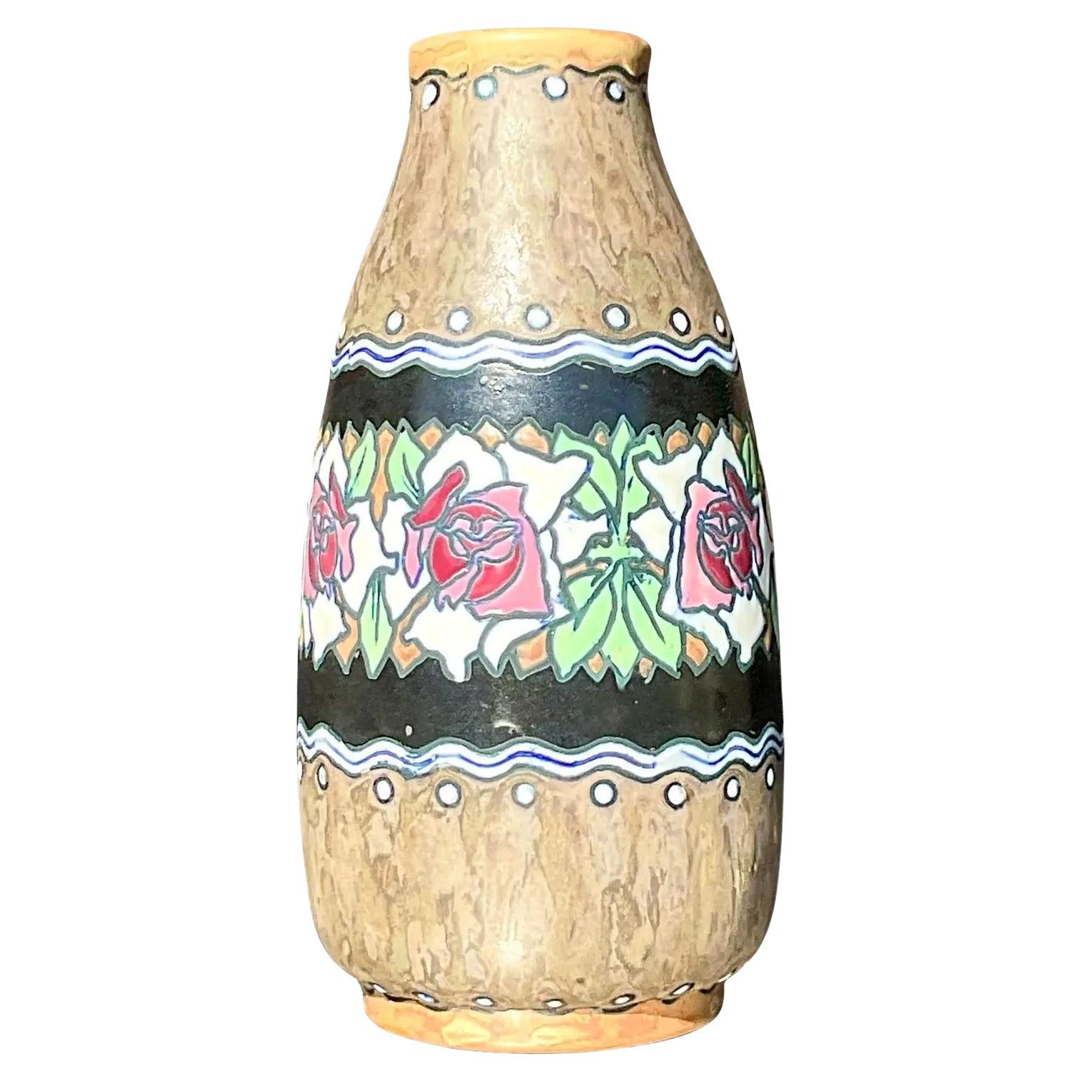 Vintage Boho Charles Catteau for Boch Freres Keramis Hand Painted Vase For Sale