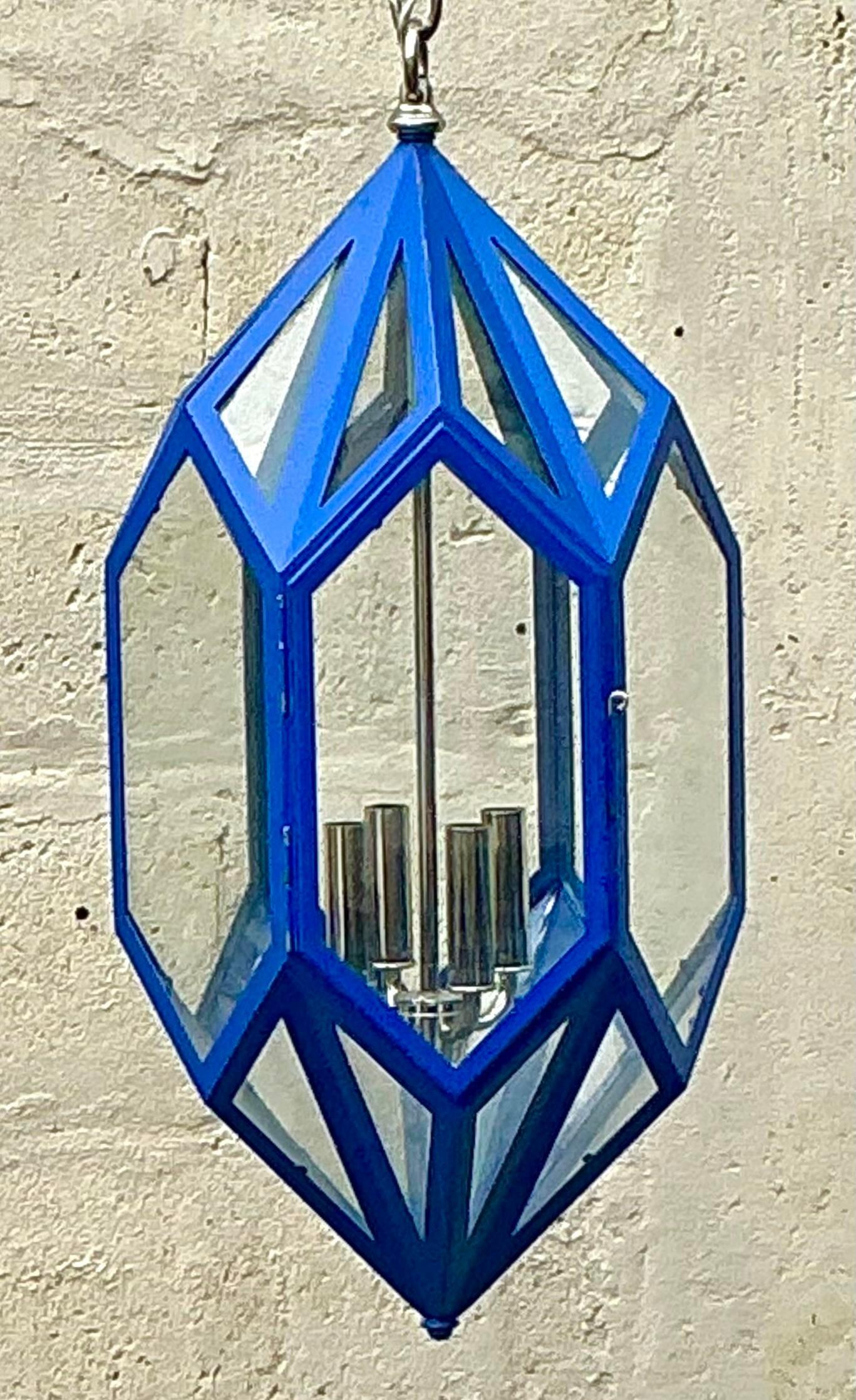 Vintage Boho Charles Edwards Custom Cobalt Lantern In Good Condition For Sale In west palm beach, FL