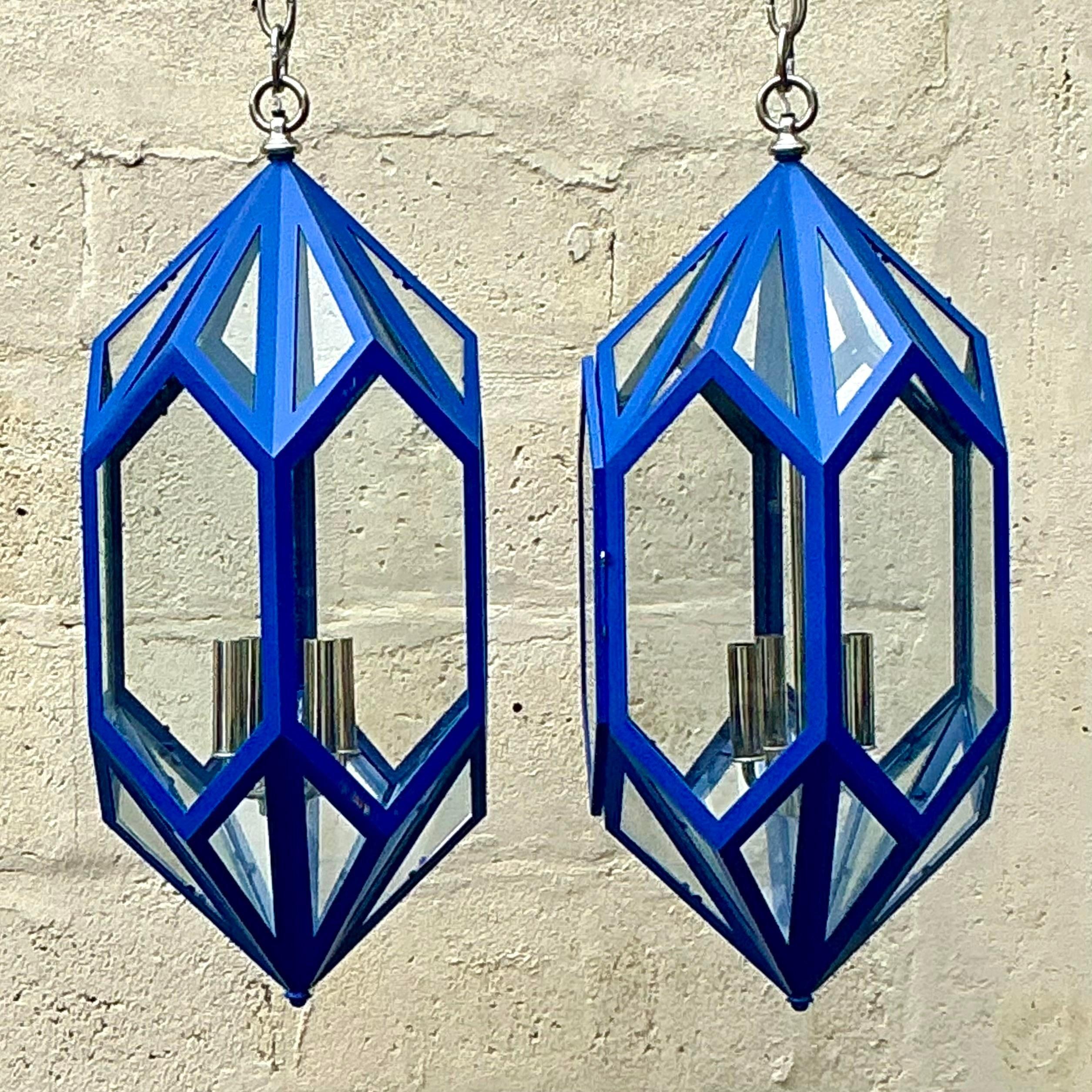 20th Century Vintage Boho Charles Edwards Custom Cobalt Lantern For Sale