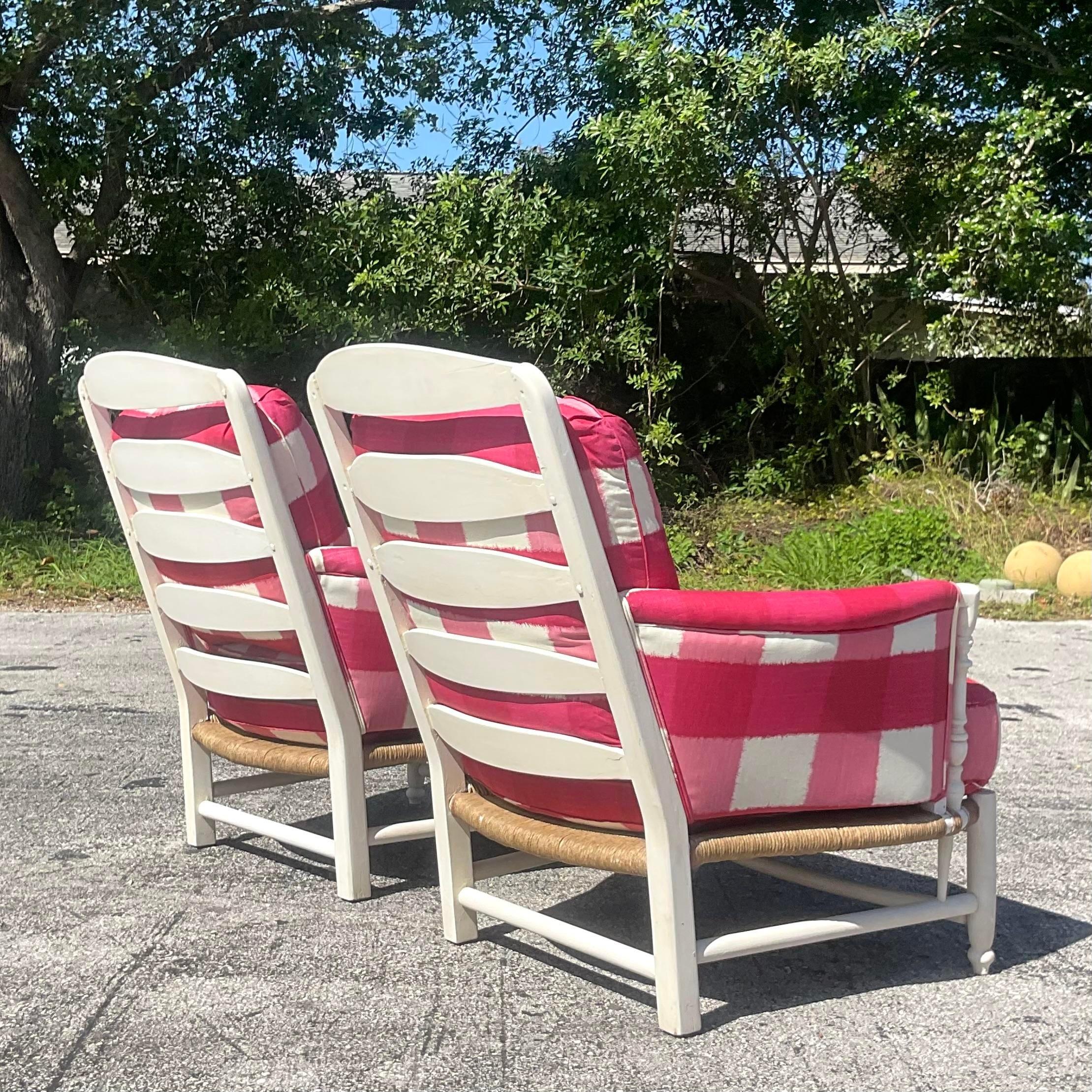 American Vintage Boho Charles Pollack Rush Seat Lounge Chairs - a Pair For Sale