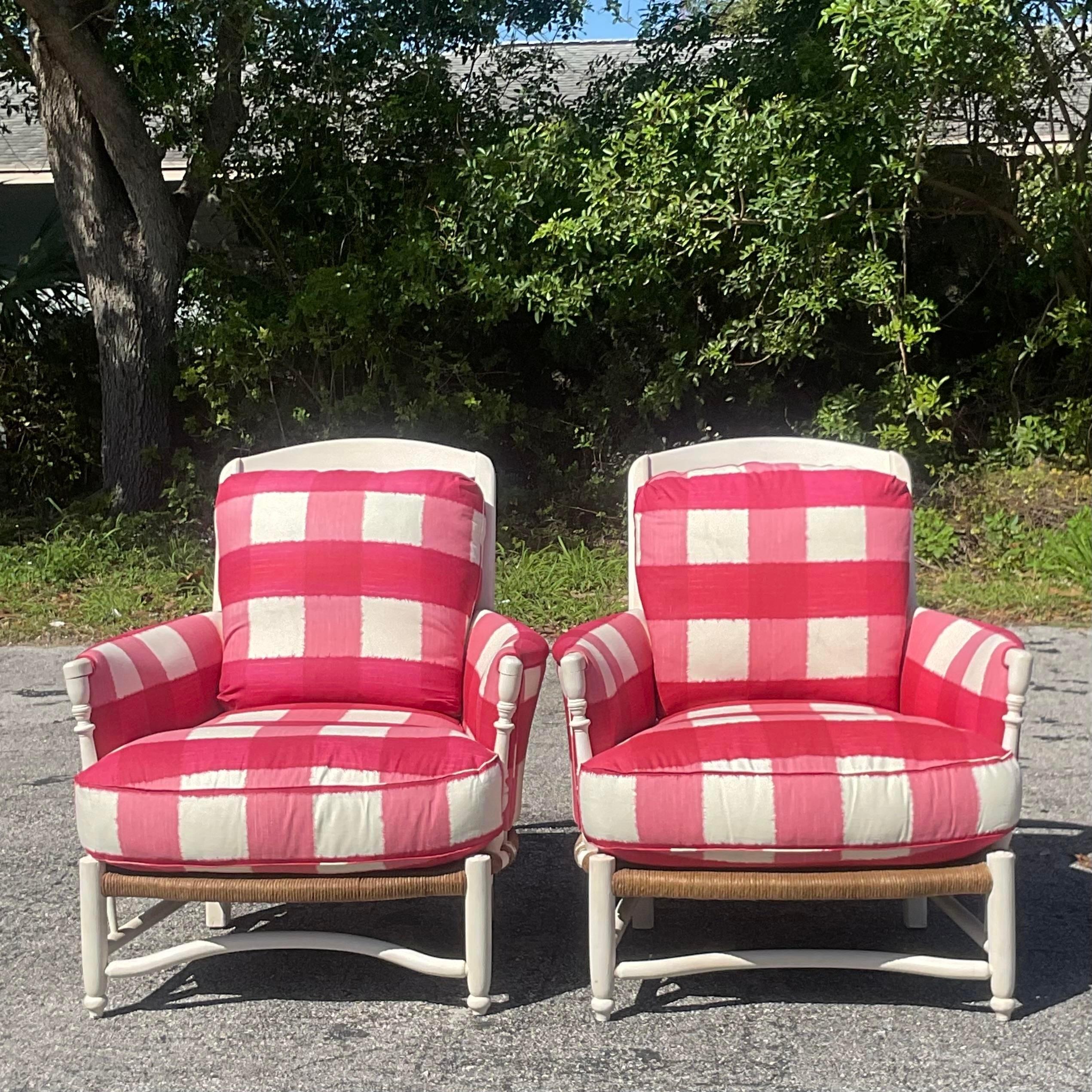 Vintage Boho Charles Pollack Rush Seat Lounge Chairs - a Pair In Good Condition For Sale In west palm beach, FL