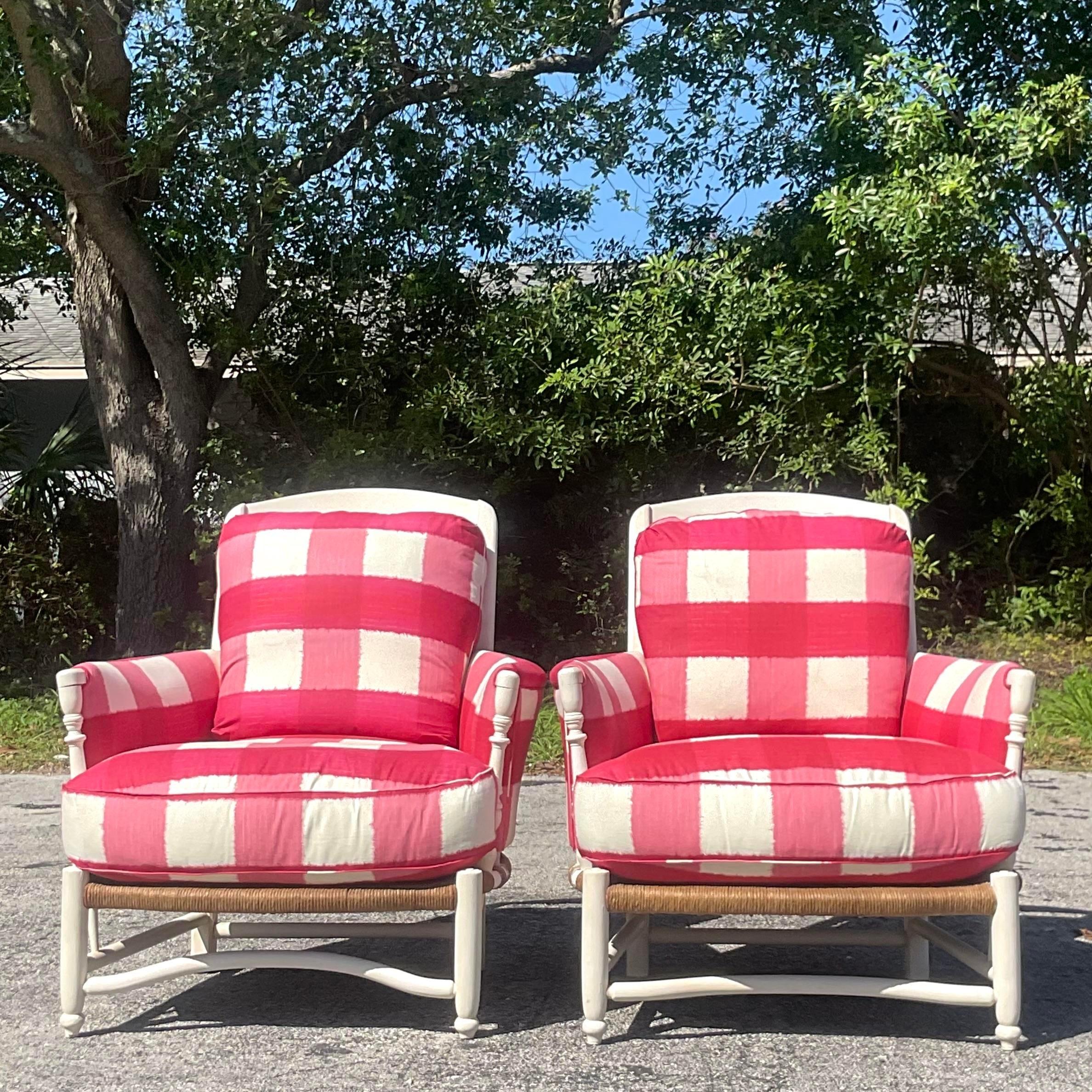 20th Century Vintage Boho Charles Pollack Rush Seat Lounge Chairs - a Pair For Sale