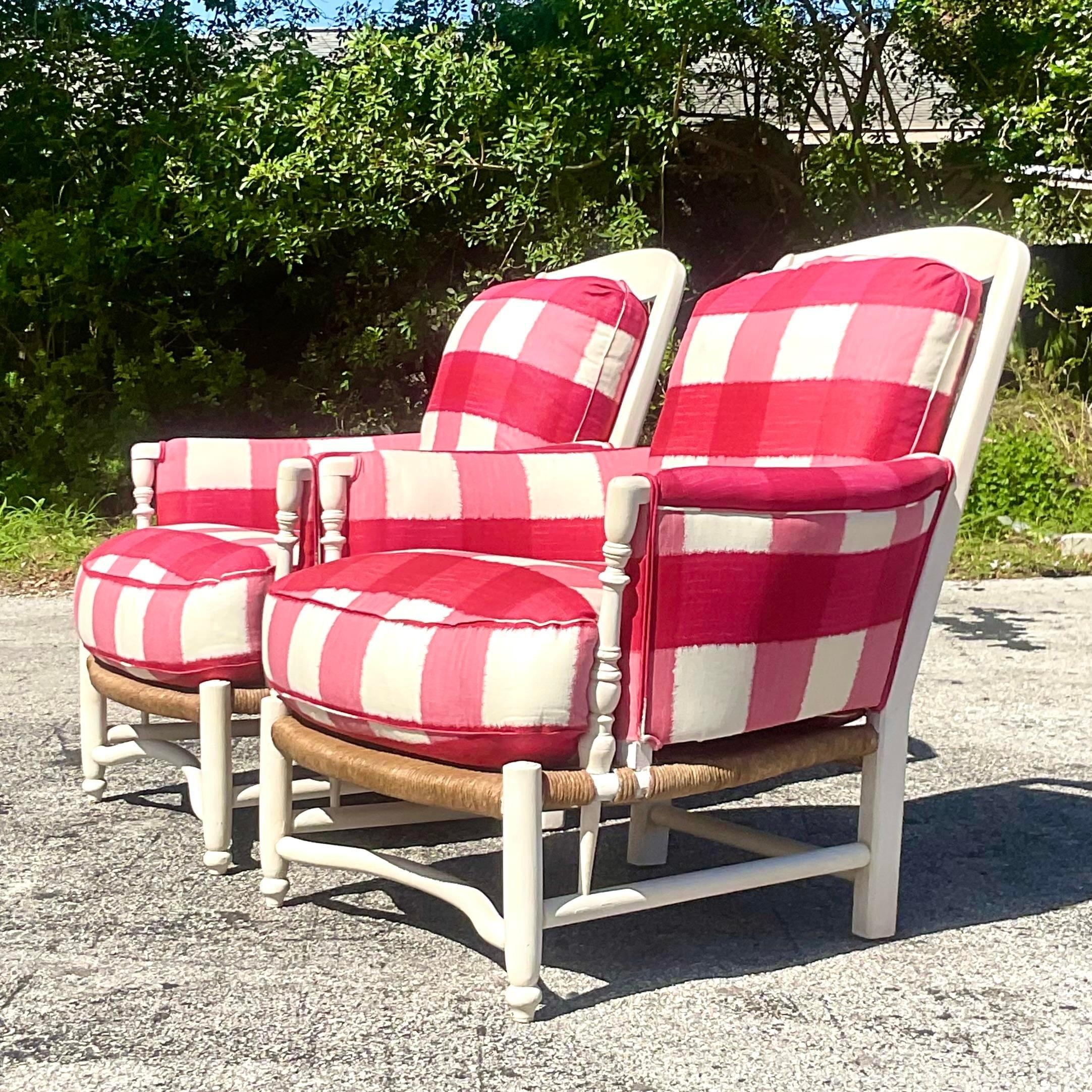 Upholstery Vintage Boho Charles Pollack Rush Seat Lounge Chairs - a Pair For Sale