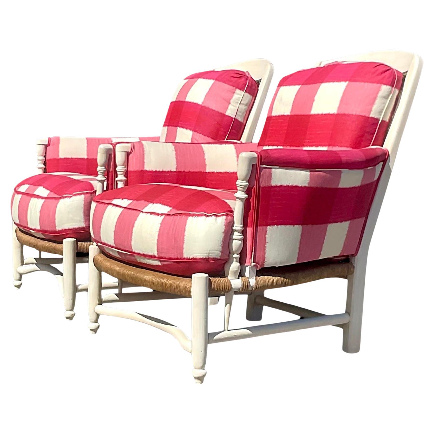 Vintage Boho Charles Pollack Rush Seat Lounge Chairs - a Pair