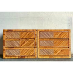 Vintage Boho Chevron Pencil Reed Chest of Drawers - A Pair