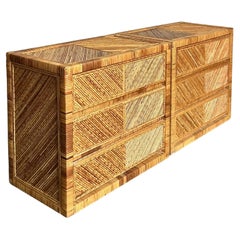 Vintage Boho Chevron Pencil Reed Chest of Drawers - A Pair