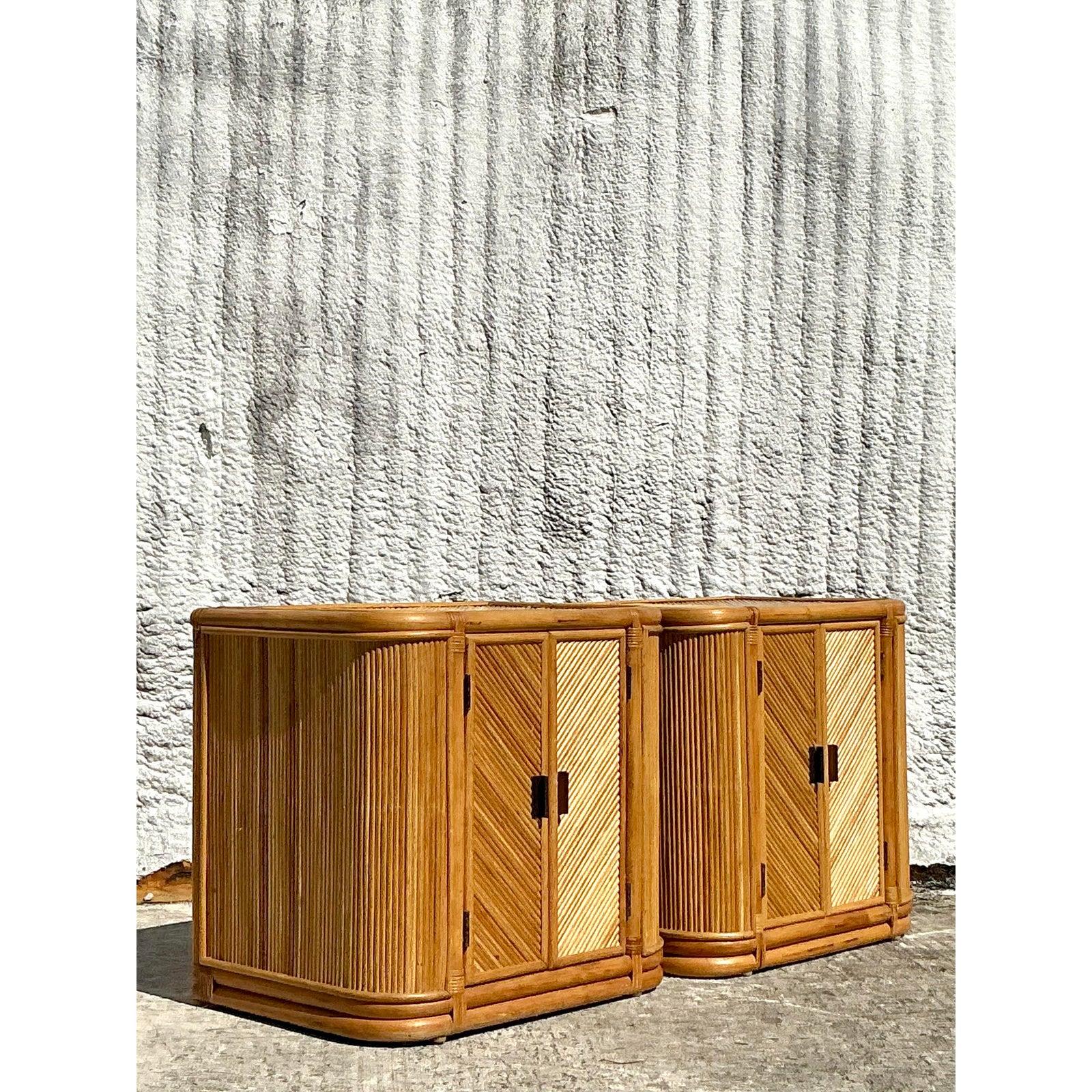 Philippine Vintage Boho Chevron Reed Nightstands - A Pair For Sale