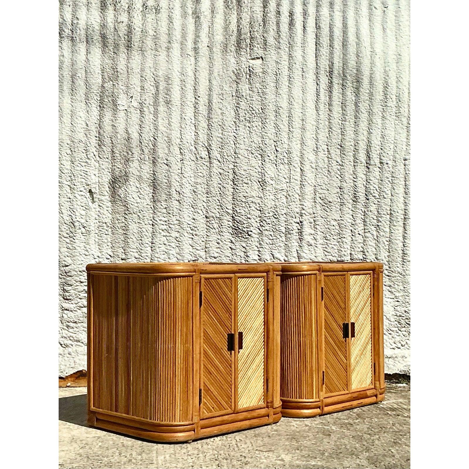 Rattan Vintage Boho Chevron Reed Nightstands - A Pair For Sale