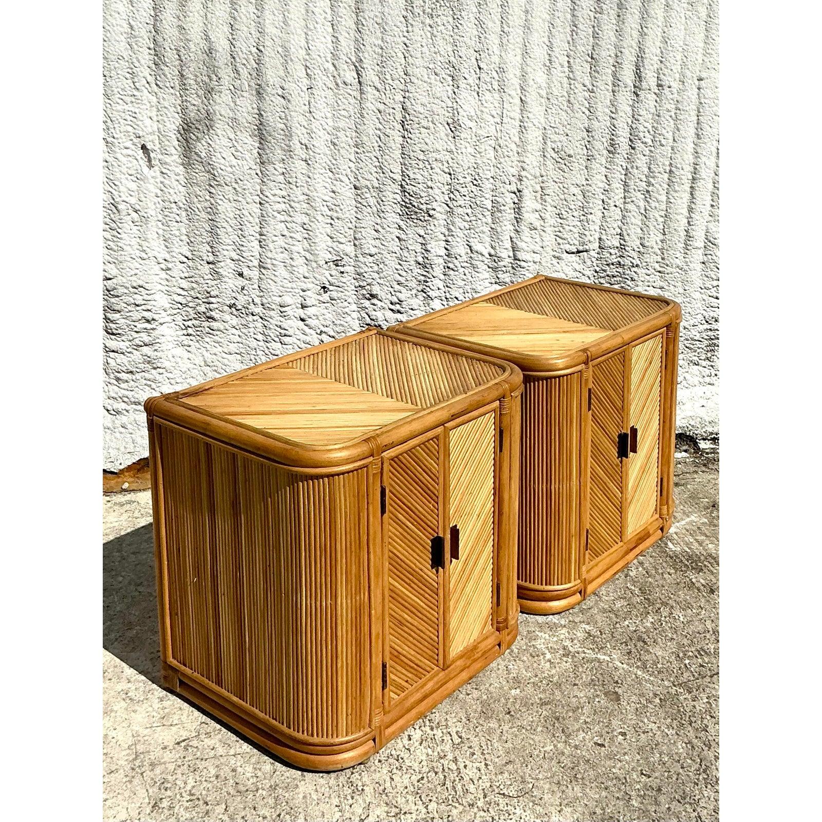 Vintage Boho Chevron Reed Nightstands - A Pair For Sale 1