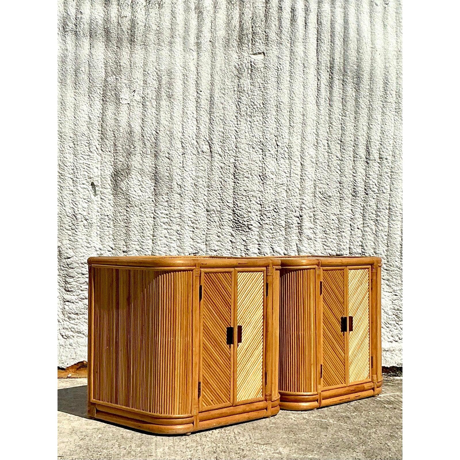 Vintage Boho Chevron Reed Nightstands - A Pair For Sale 2