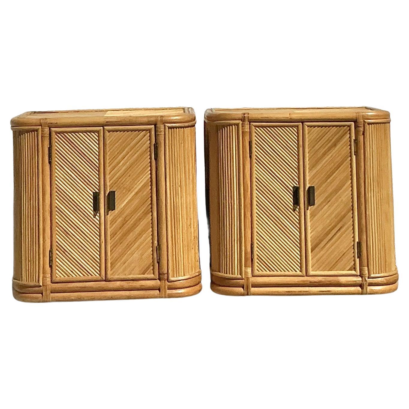 Vintage Boho Chevron Reed Nightstands - A Pair For Sale