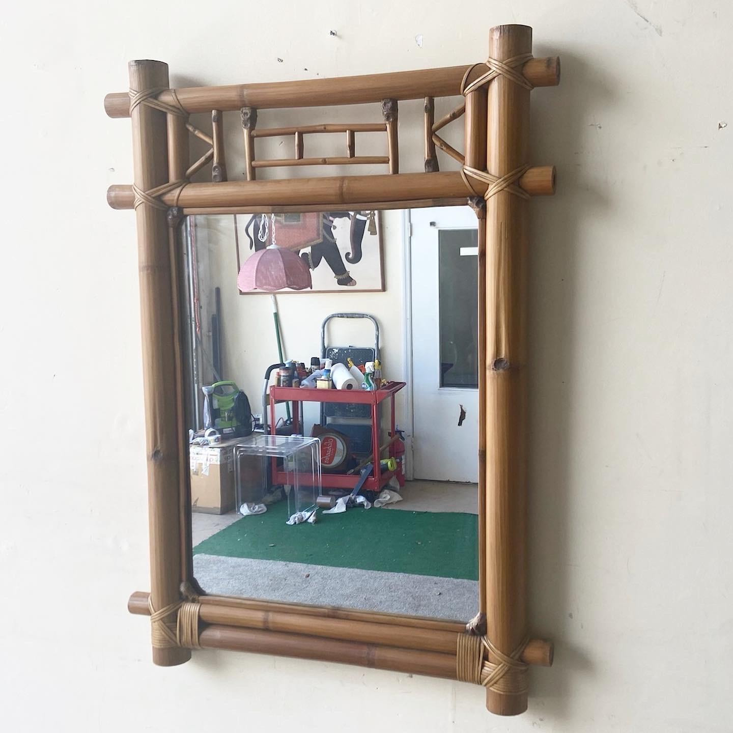 Exceptional boho chic mirror. Features a bamboo frame and a jungly vibe.