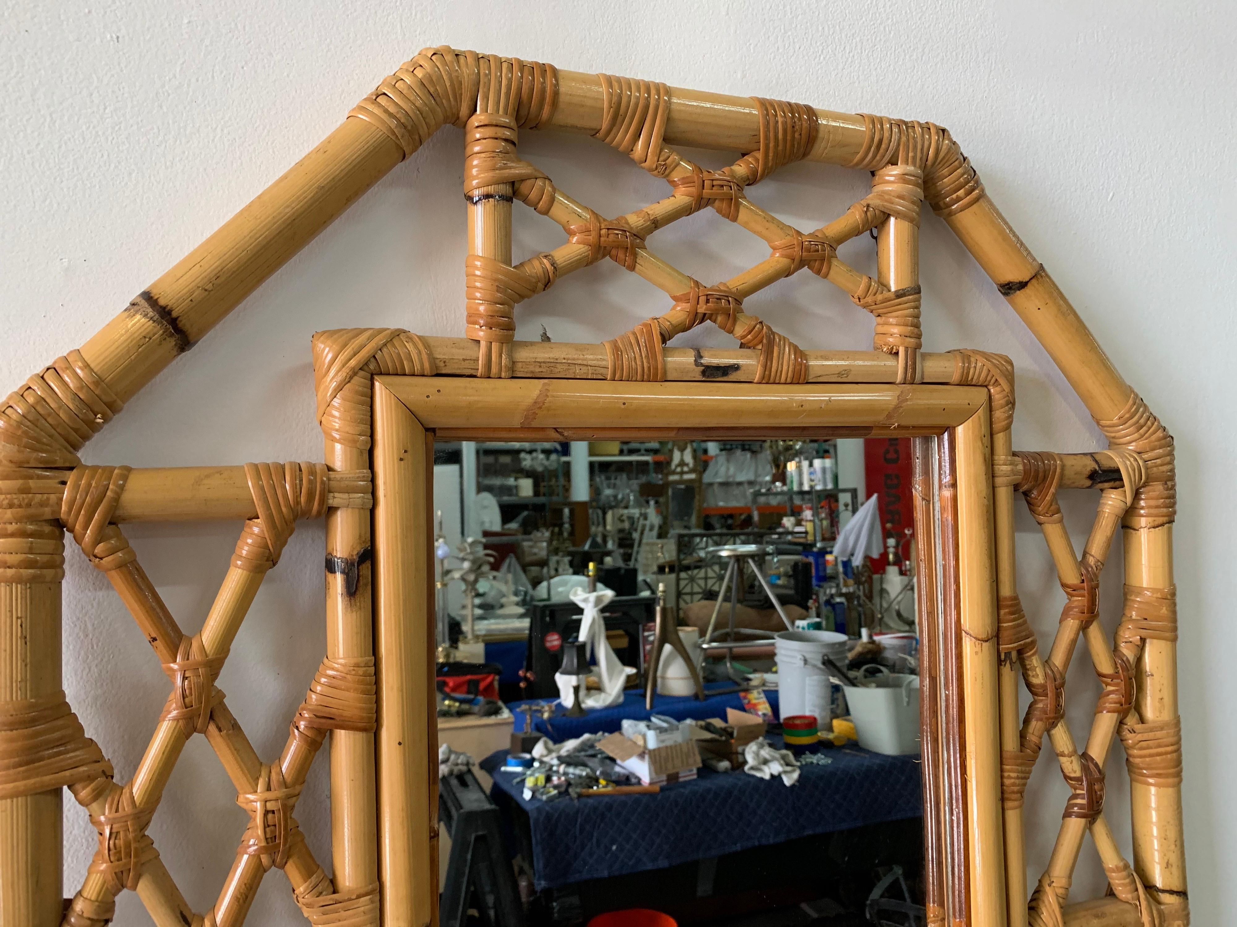 European Vintage Boho Chic Bamboo Mirror in Chinese Chippendale Style