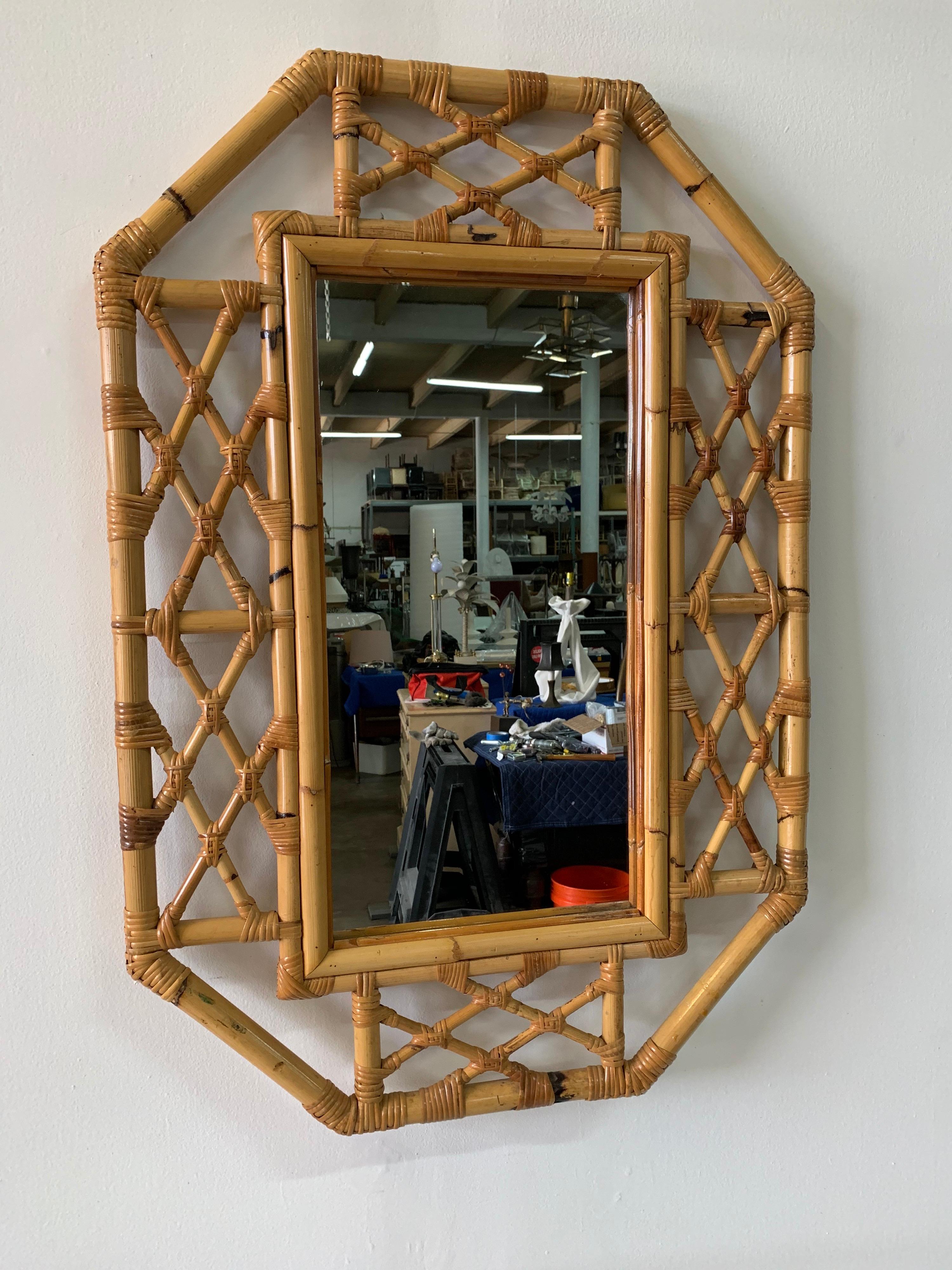 Mid-20th Century Vintage Boho Chic Bamboo Mirror in Chinese Chippendale Style
