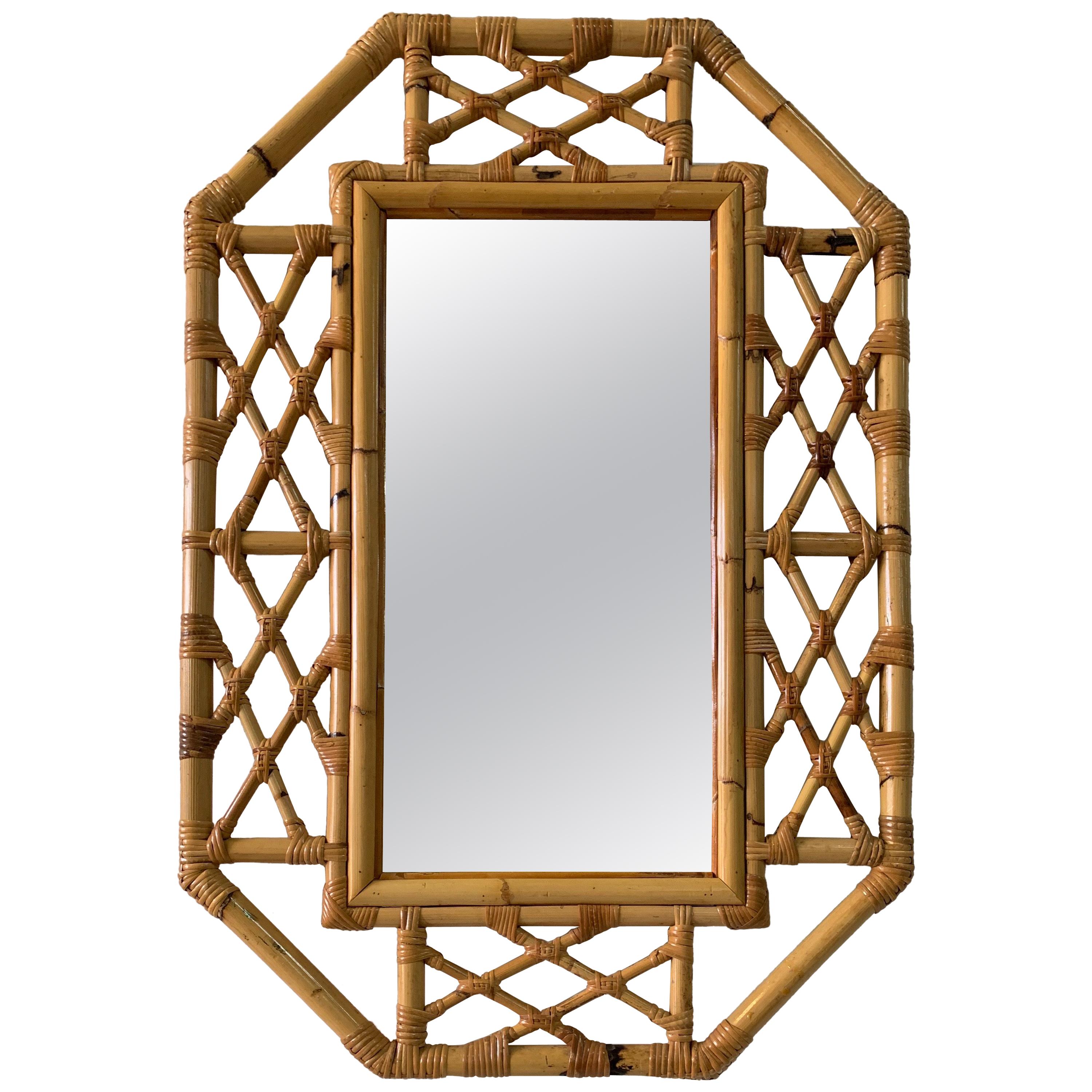 Vintage Boho Chic Bamboo Mirror in Chinese Chippendale Style