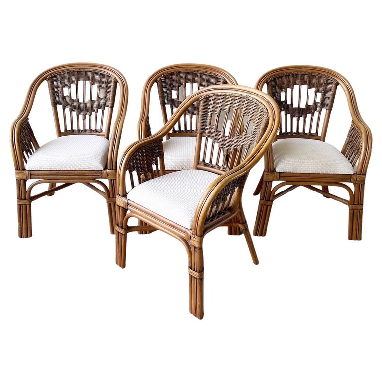 Vintage Boho Chic Bamboo Rattan and Wicker Dining Chairs For Sale at