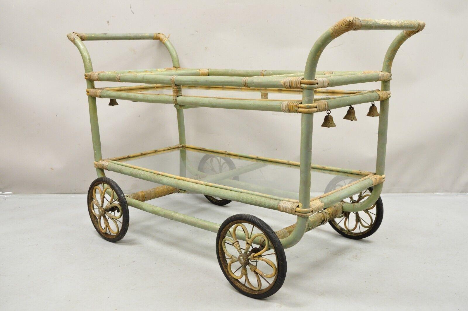 Vintage Boho Chic Bamboo Rattan Bentwood Green 2 Tier Rolling Bar Cart Server For Sale 4