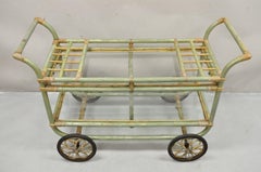 Vintage Boho Chic Bamboo Rattan Bentwood Green 2 Tier Rolling Bar Cart Server