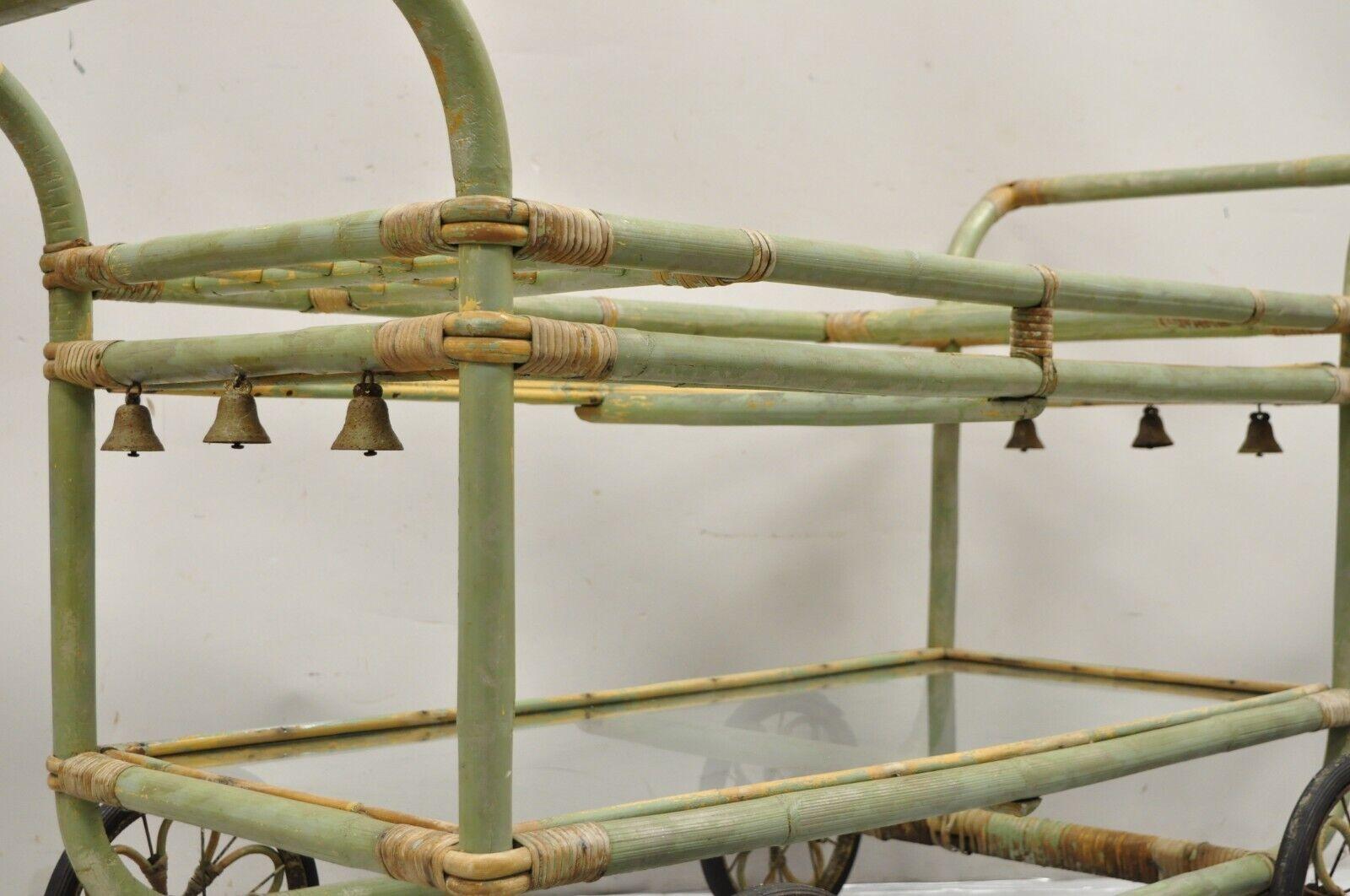 Bohemian Vintage Boho Chic Bamboo Rattan Bentwood Green 2 Tier Rolling Bar Cart Server For Sale