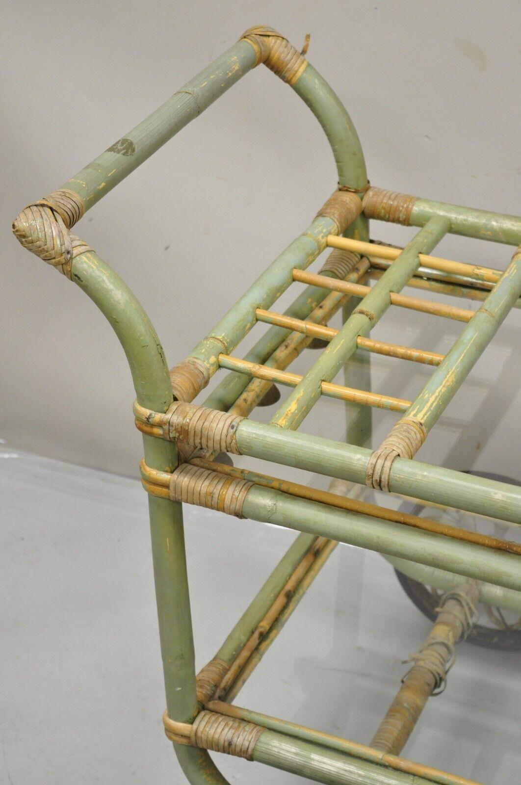 20th Century Vintage Boho Chic Bamboo Rattan Bentwood Green 2 Tier Rolling Bar Cart Server For Sale